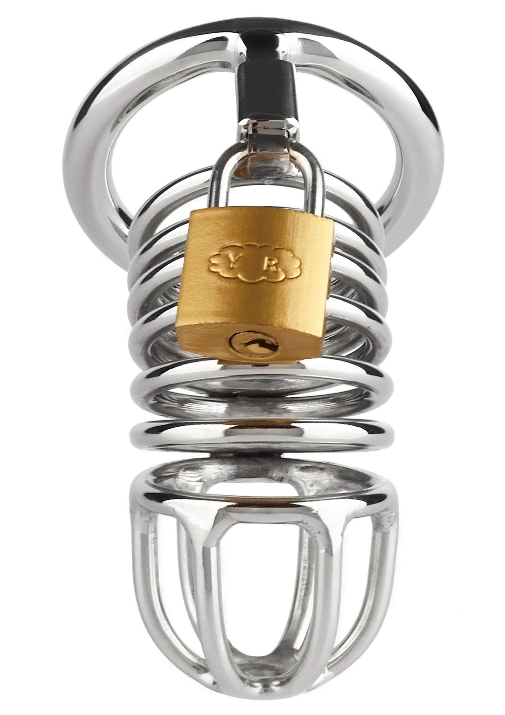Cage de chasteté en métal avec cadenas doré pour le contrôle de la sexualité.; Metalen kuisheidskooi met gouden slot voor seksuele controle en zelfbeheersing.; Metal chastity cage with gold padlock for sexual control and restraint.