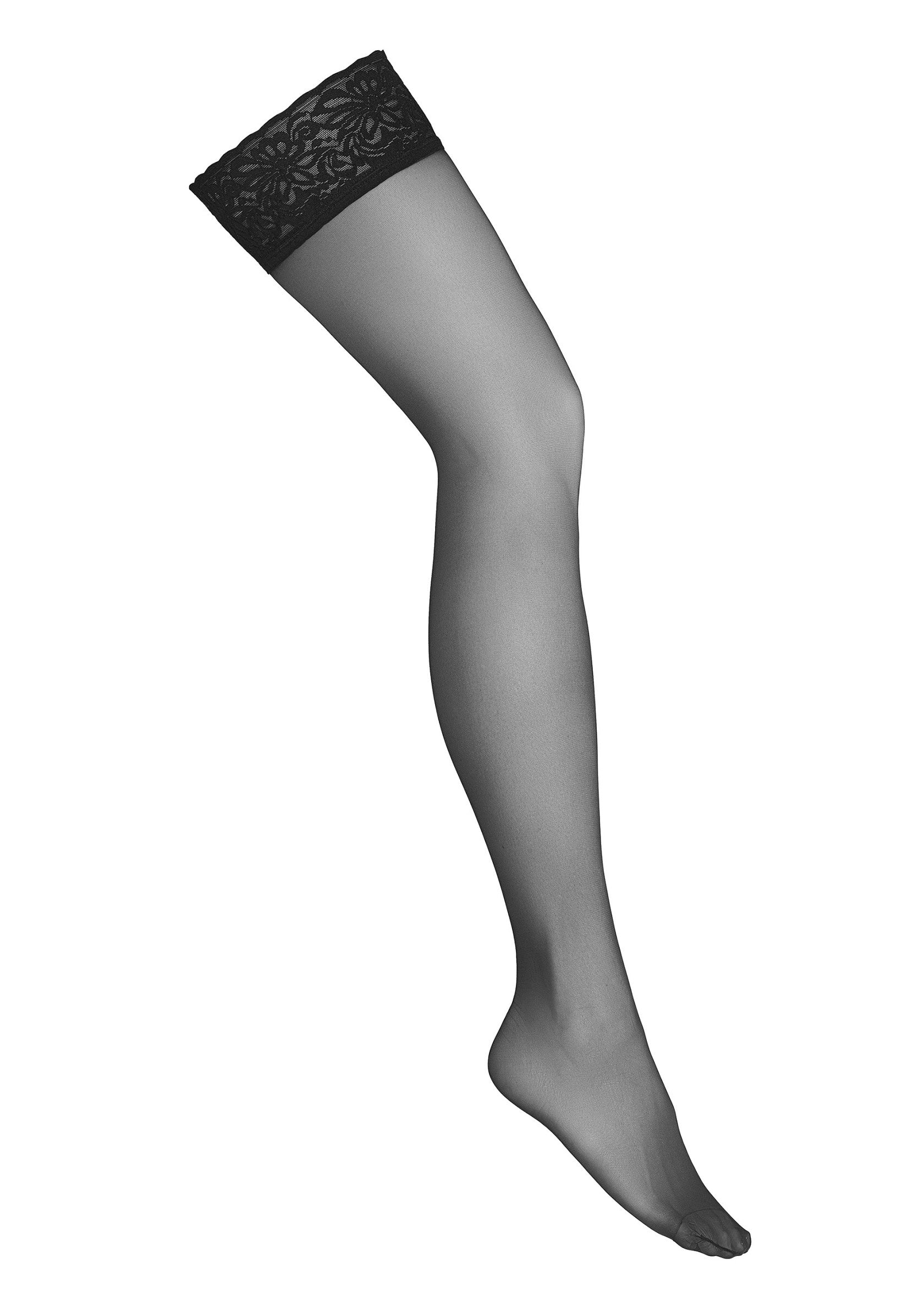 Bas autofixants noirs avec bordure en dentelle élégante. Parfaits pour une touche de sophistication.; Zwarte kousen met elegante kanten rand. Perfect voor een vleugje verfijning.; Black stay-up stockings with elegant lace trim. Perfect for a touch of sophistication.
