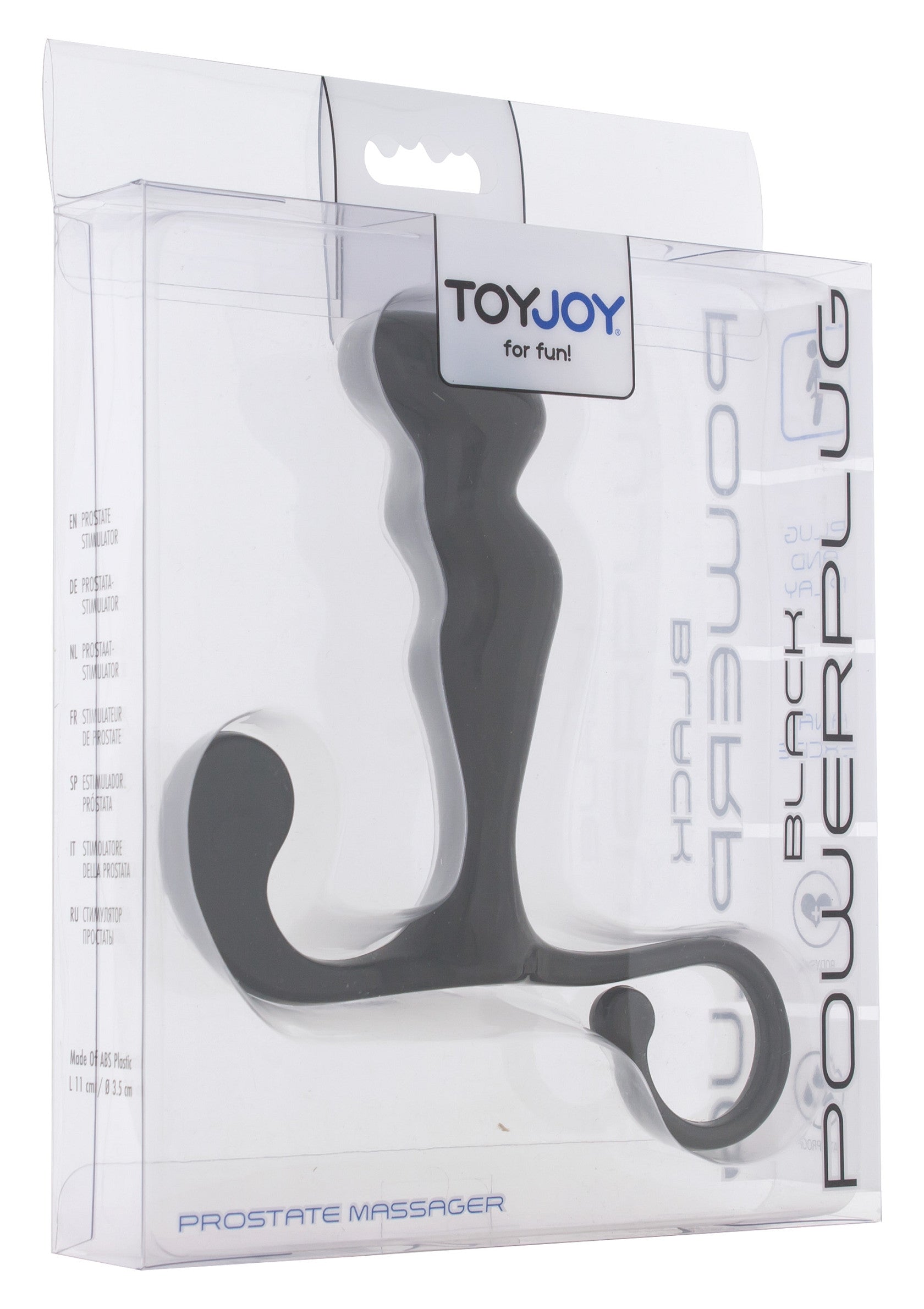 ToyJoy Black PowerPlug Bombe, un masseur de prostate noir en emballage transparent. Plaisir garanti!; ToyJoy Black PowerPlug Bombe, een zwarte prostaatmasseerder in transparante verpakking. Gegarandeerd plezier!; ToyJoy Black PowerPlug Bombe, a black prostate massager in clear packaging. Pleasure guaranteed!