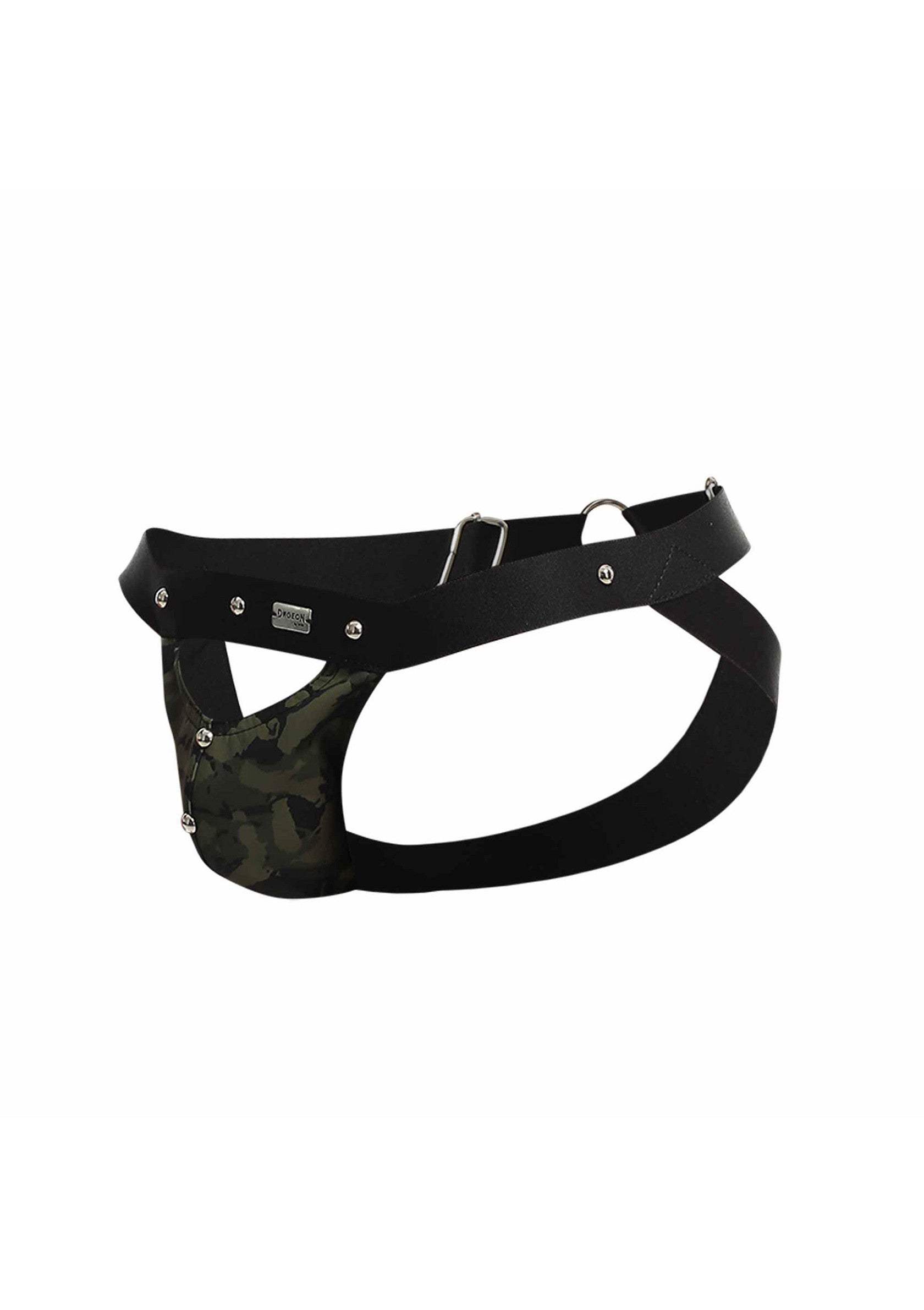 Jockstrap en cuir noir avec poche camouflage pour un look audacieux et confortable.; Zwarte leren jockstrap met camouflage zak voor een stoere en comfortabele look.; Black leather jockstrap with camo pouch for a daring and comfortable look.