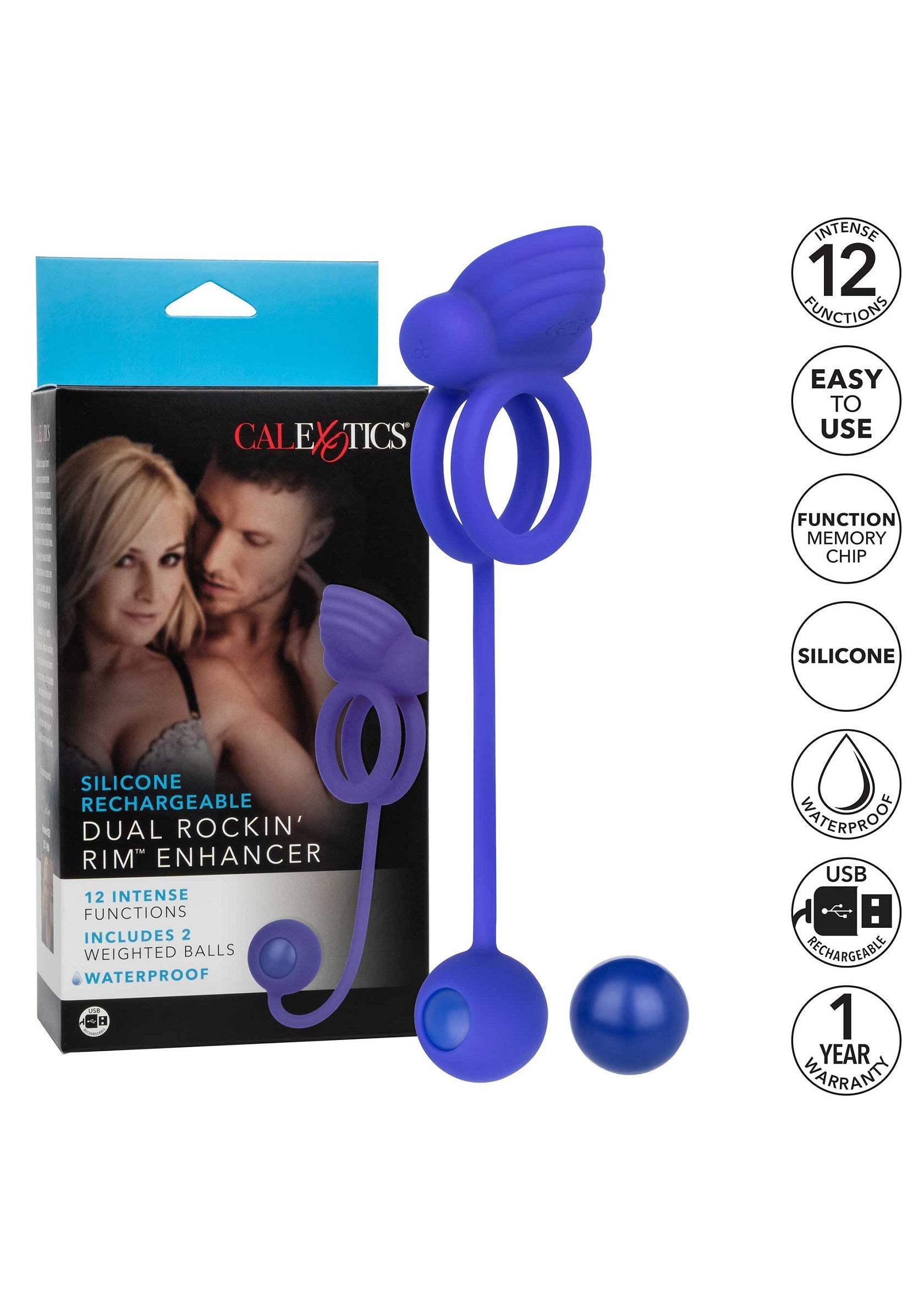 Améliorez le plaisir avec le CalExotics Dual Rockin' Rim Enhancer. Jouet intime rechargeable avec 12 fonctions et 2 boules lestées. ; Verbeter het genot met de CalExotics Dual Rockin' Rim Enhancer. Oplaadbaar intiem speeltje met 12 functies en 2 verzwaarde ballen.; Enhance pleasure with CalExotics Dual Rockin' Rim Enhancer. Rechargeable intimate toy with 12 functions & 2 weighted balls.