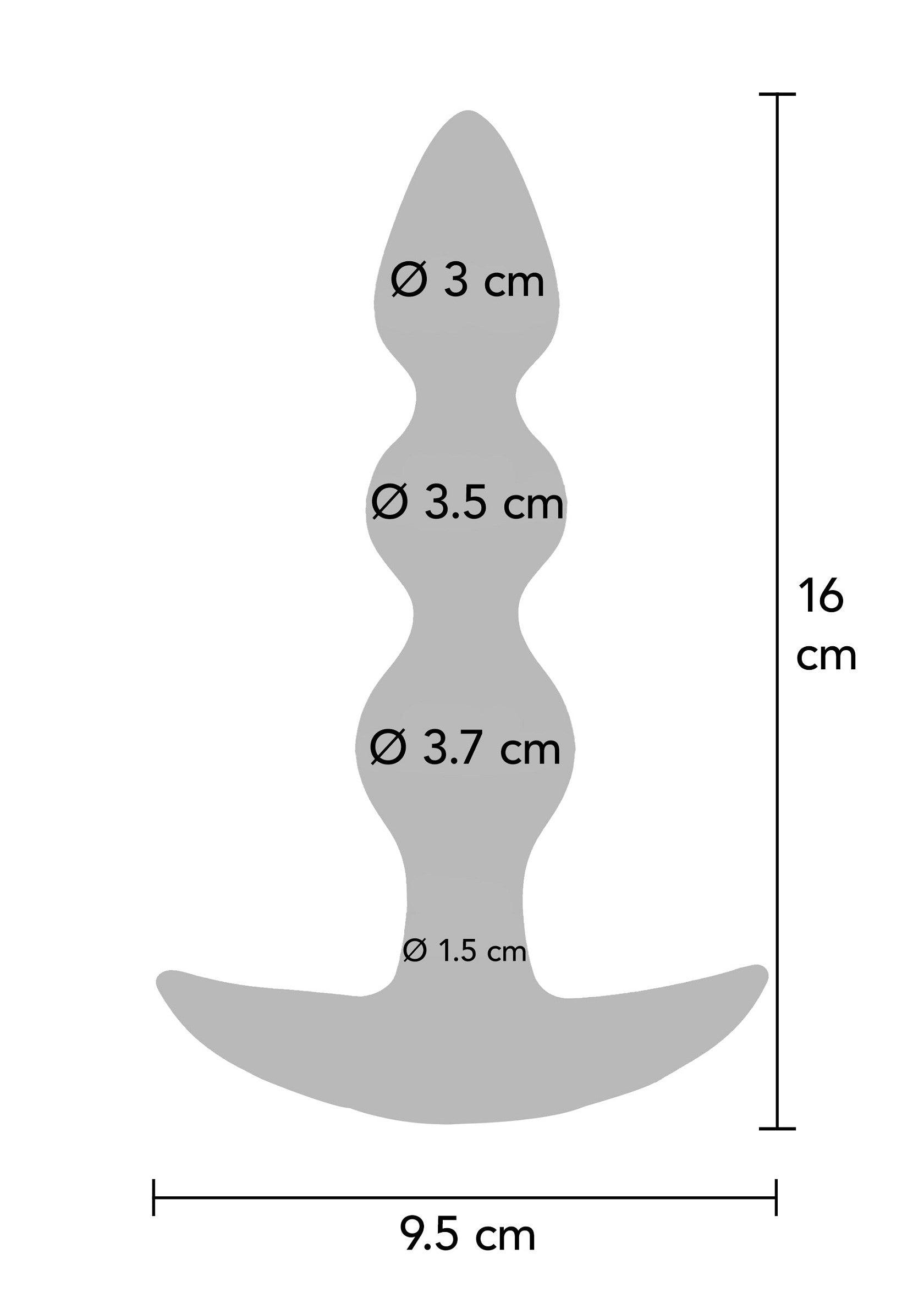 Diagramme des dimensions d'un plug anal avec butée, longueur 16cm et diamètre max. 3,7cm.; Diagram van de afmetingen van een buttplug met stop, lengte 16cm en max. diameter 3,7cm.; Diagram of a butt plug with stop, length 16cm and max. diameter 3.7cm.