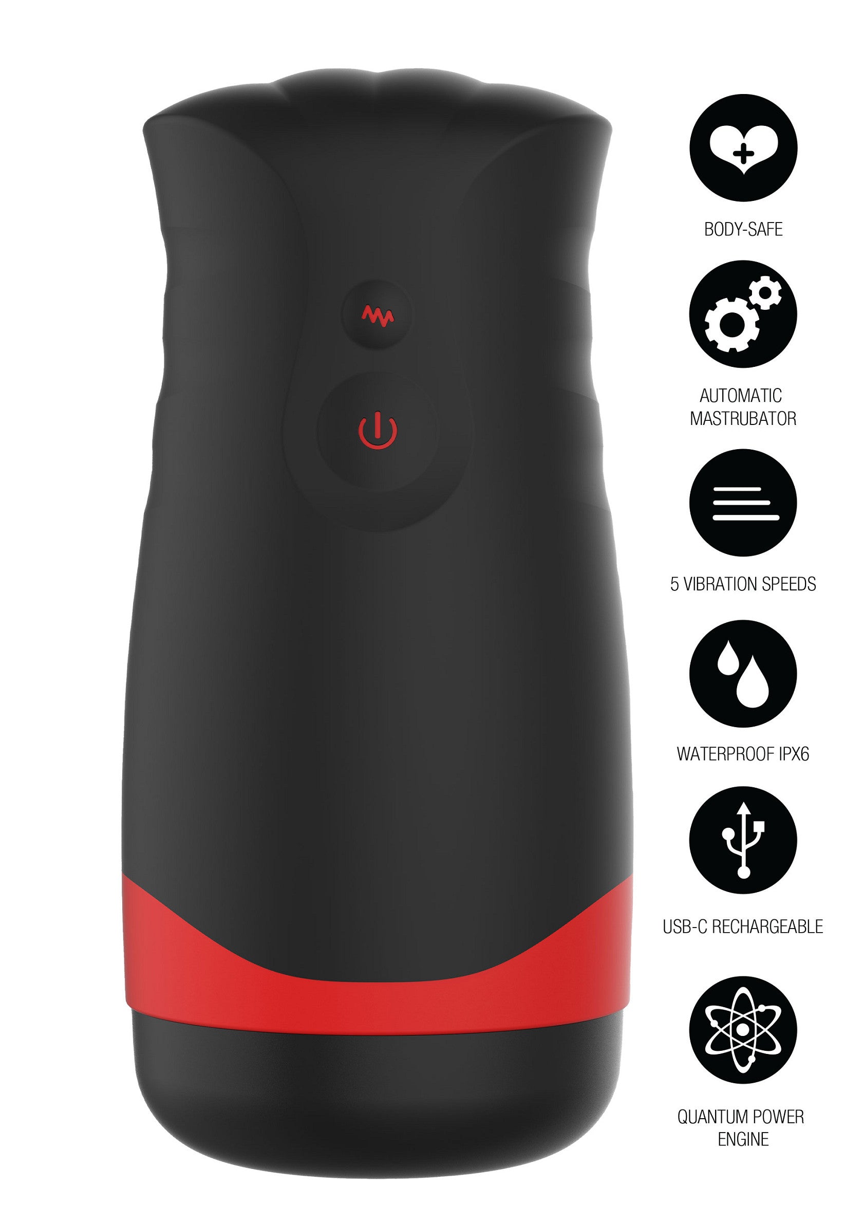 Masturbateur automatique noir et rouge, sûr pour le corps, étanche IPX5, rechargeable USB-C avec 5 vitesses de vibration.; Automatische masturbator zwart en rood, lichaamsveilig, IPX5 waterdicht, USB-C oplaadbaar met 5 vibratiesnelheden.; Automatic masturbator black and red, body-safe, IPX5 waterproof, USB-C rechargeable with 5 vibration speeds.