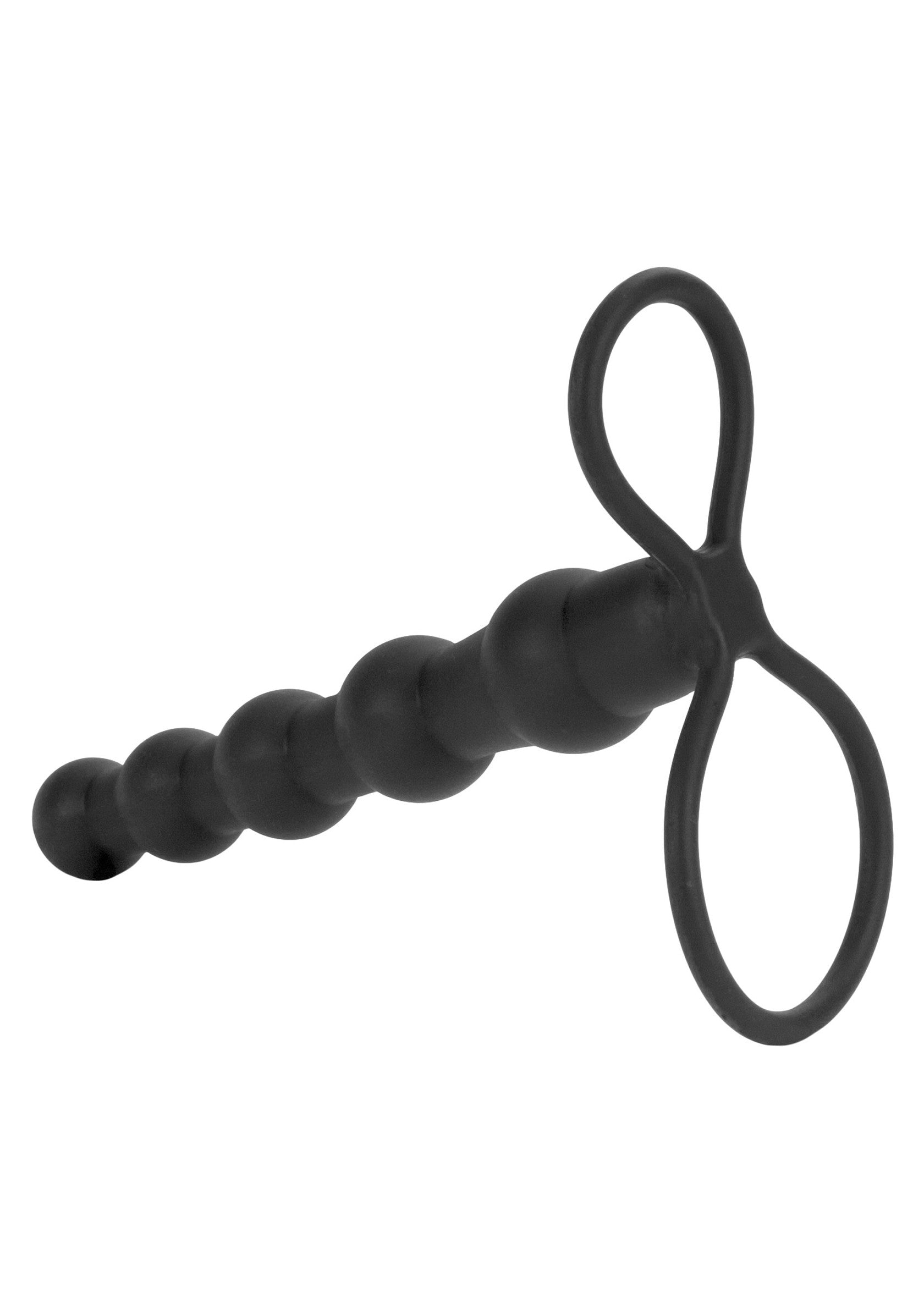 Plug anal à billes noir avec anneau de maintien. Exploration anale avec confort et sécurité.; Zwarte anale buttplug met kralen en lus. Anale exploratie met comfort en veiligheid.; Black beaded anal plug with loop. Anal exploration with comfort and security.