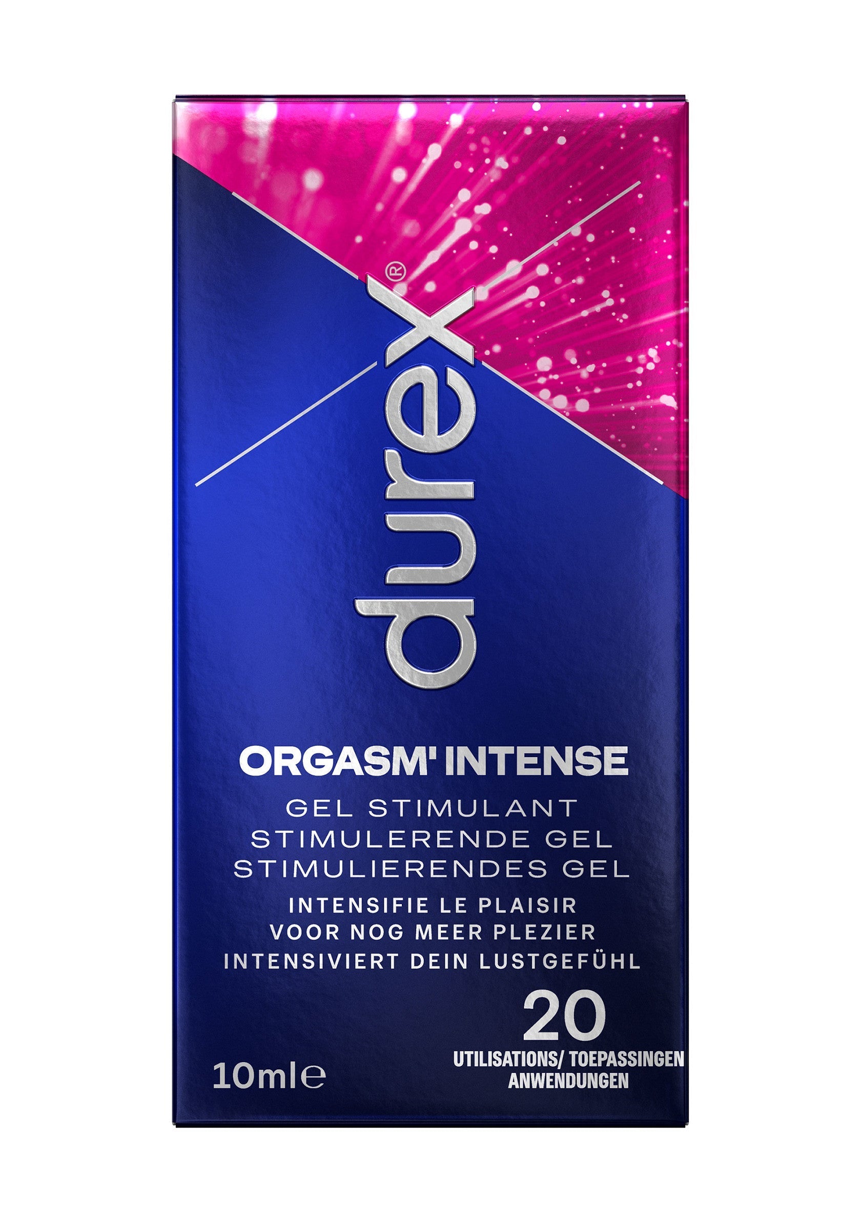 Durex Orgasm' Intense gel stimulant pour femmes. Intensifie le plaisir, pour des orgasmes plus intenses. 10ml pour 20 applications.; Durex Orgasm' Intense stimulerende gel voor vrouwen. Intensifieert het plezier, voor intensere orgasmes. 10ml voor 20 toepassingen.; Durex Orgasm' Intense stimulating gel for women. Intensifies pleasure, for more intense orgasms. 10ml for 20 applications.