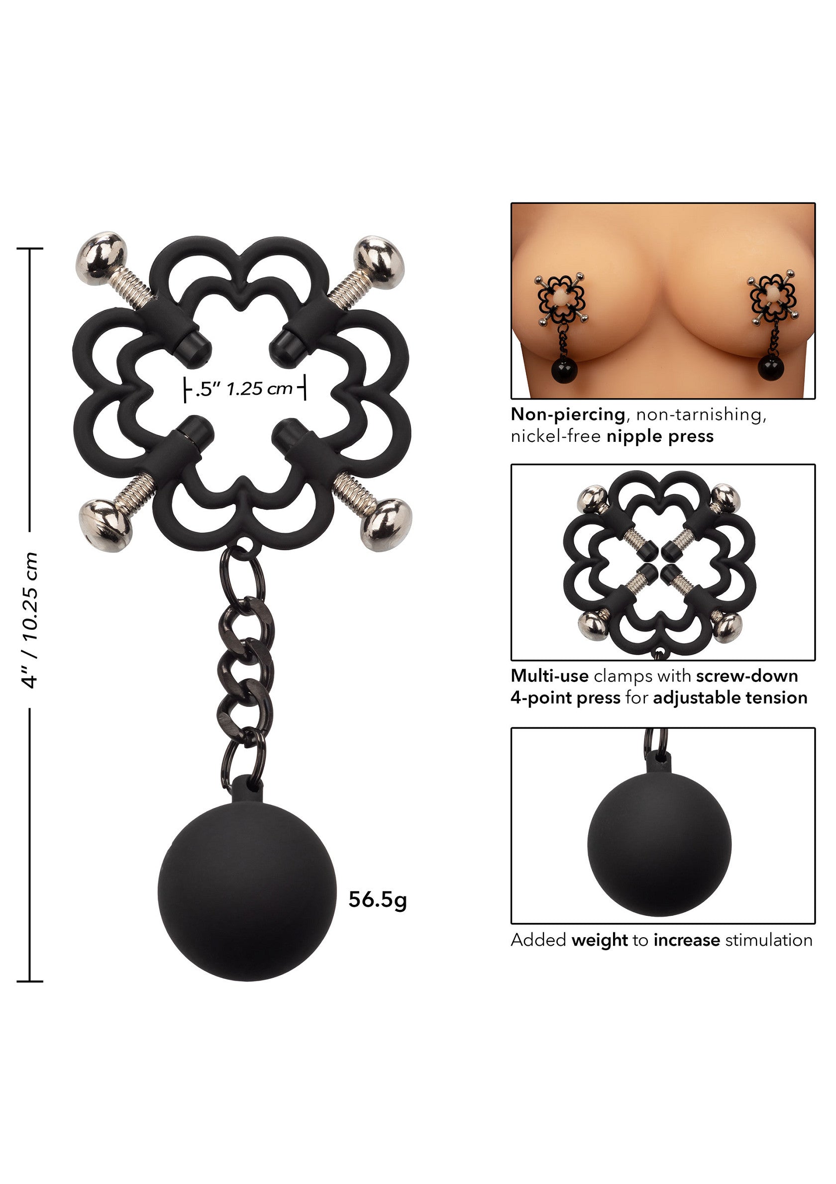 Serre-tétons non perçants avec poids pour une stimulation accrue. Design élégant et réglable pour un confort optimal.; Niet-piercing tepelklemmen met gewicht voor extra stimulatie. Stijlvol en verstelbaar ontwerp voor optimaal comfort.; Non-piercing nipple clamps with weight for enhanced stimulation. Stylish and adjustable design for optimal comfort.