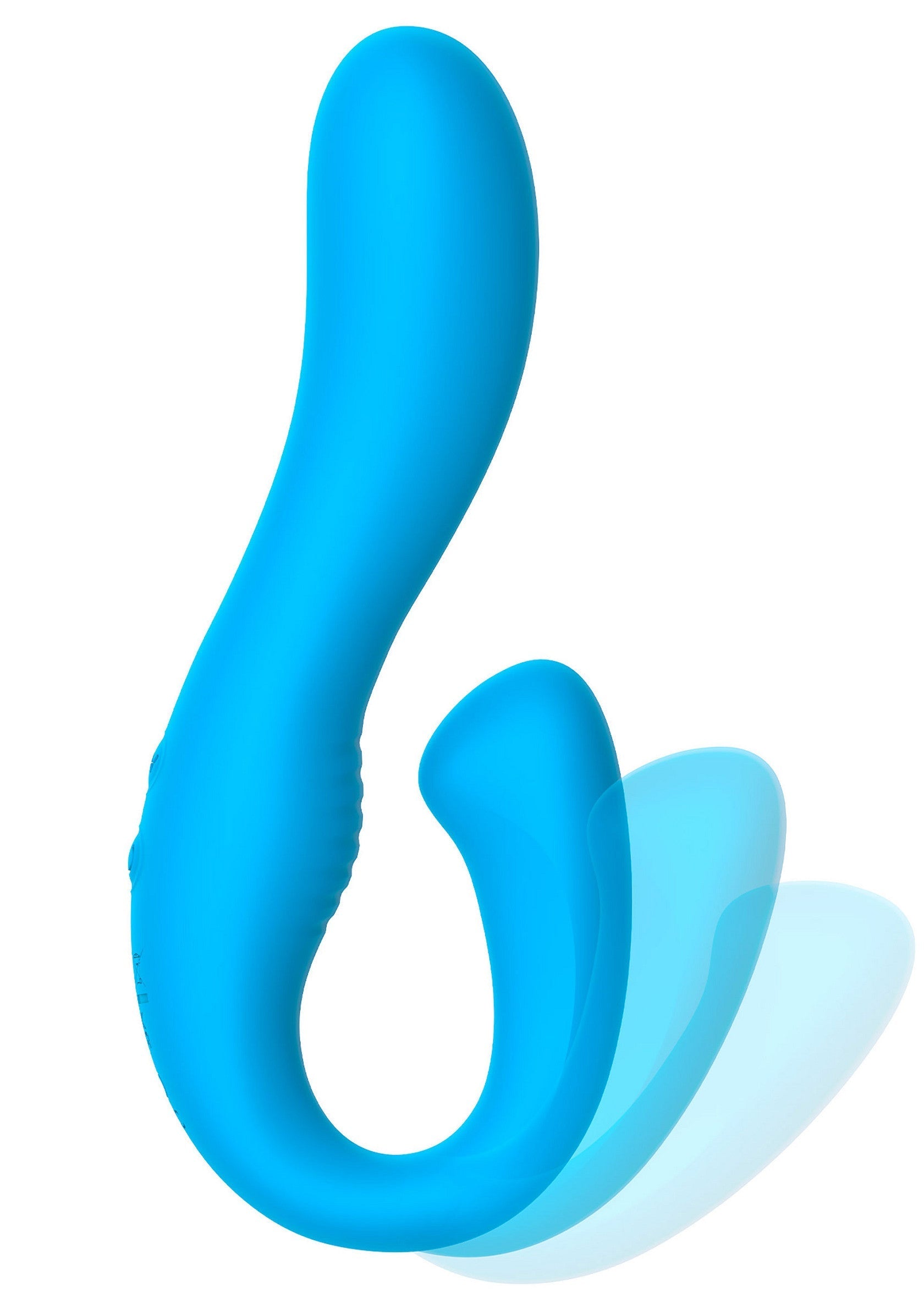 Vibromasseur double turquoise pour le plaisir féminin et masculin.; Turkooise dubbele vibrator voor vrouwelijk en mannelijk genot.; Teal double vibrator for feminine and masculine pleasure.