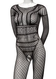 Body résille noir ajouré, manches longues, style audacieux et sexy. Lingerie pour une nuit inoubliable.; Zwarte fishnet body met lange mouwen en open kruis. Sexy lingerie voor een spannende avond!; Black fishnet bodysuit, long sleeves, open crotch. Sexy lingerie for a daring night!