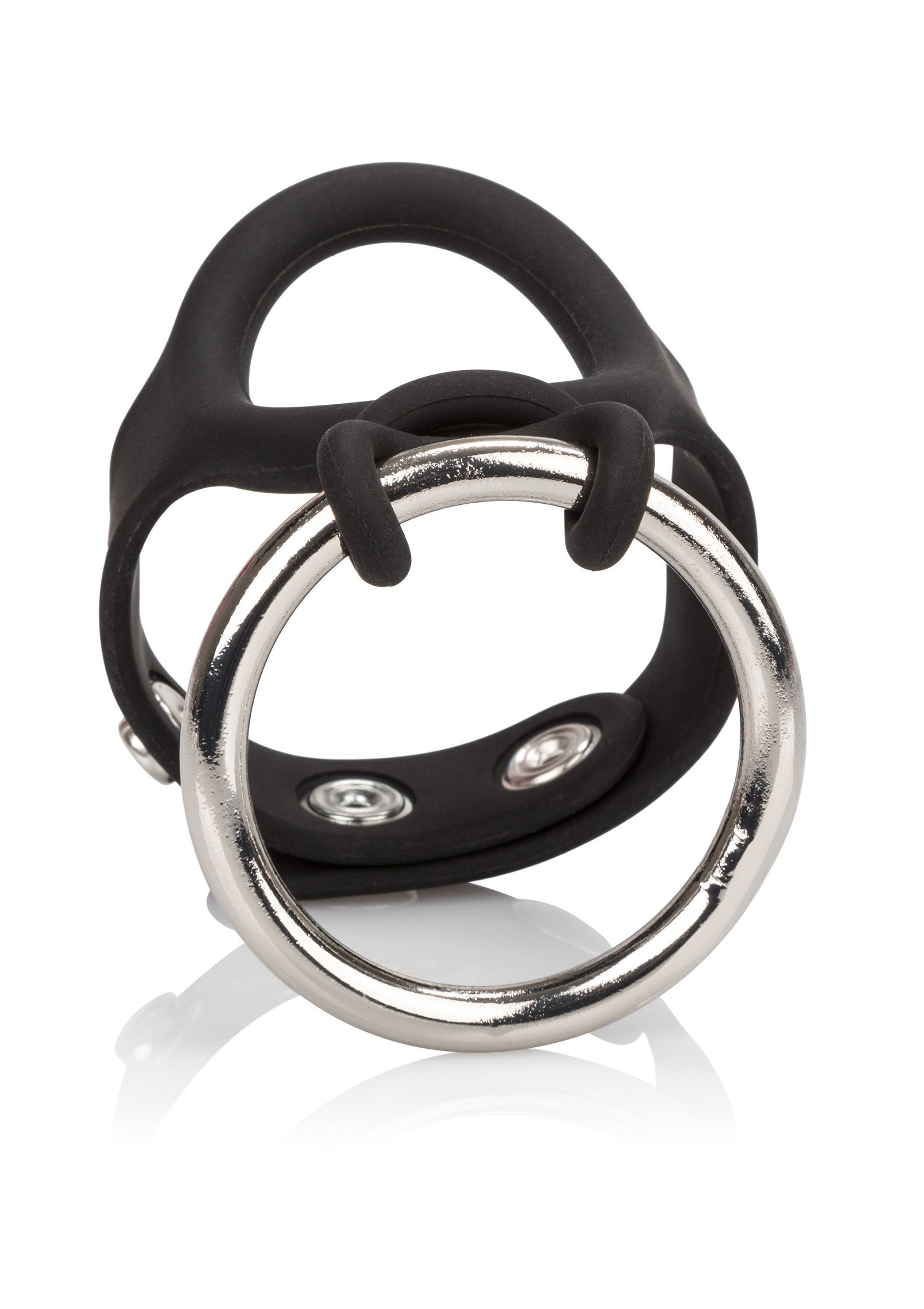 Anneau pénien noir et argenté pour une érection plus dure et plus longue.; Zwarte en zilveren penisring voor een hardere, langdurigere erectie.; Black and silver cock ring for a harder, longer-lasting erection.