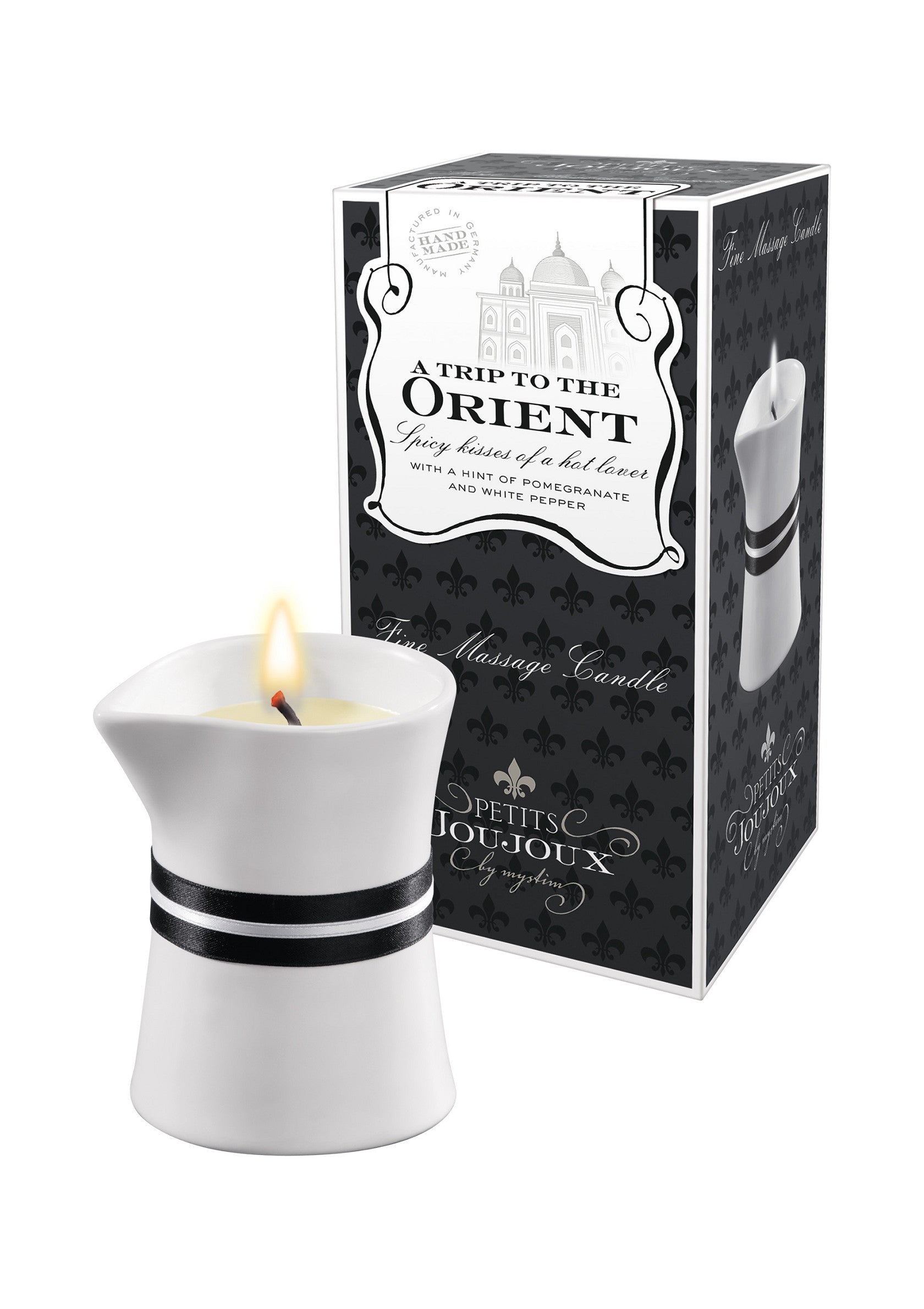 Bougie de massage parfumée 'Voyage en Orient' Petits Joujoux. Une escapade sensorielle épicée et luxueuse.; Petits Joujoux 'A Trip to the Orient' massagekaars. Een pittige, luxueuze en sensuele ontsnapping!; Petits Joujoux 'A Trip to the Orient' massage candle. A spicy, luxurious, and sensual escape!