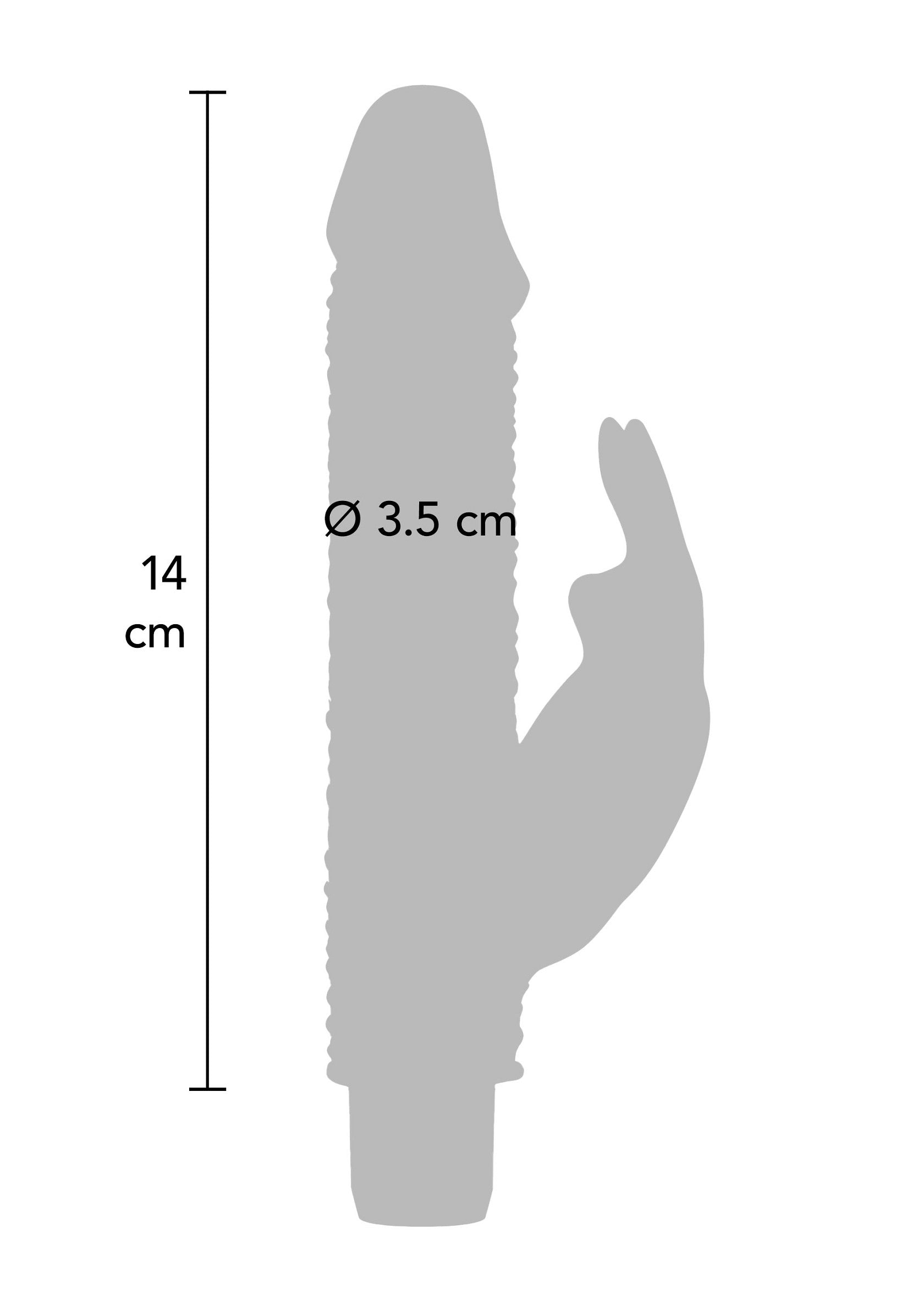 Vibromasseur double avec dimensions détaillées : 14cm de long et 3.5cm de diamètre pour un plaisir ciblé.; Dubbele vibrator met gedetailleerde afmetingen: 14cm lang en 3.5cm diameter voor gericht genot.; Dual vibrator with detailed dimensions: 14cm long and 3.5cm in diameter for targeted pleasure.