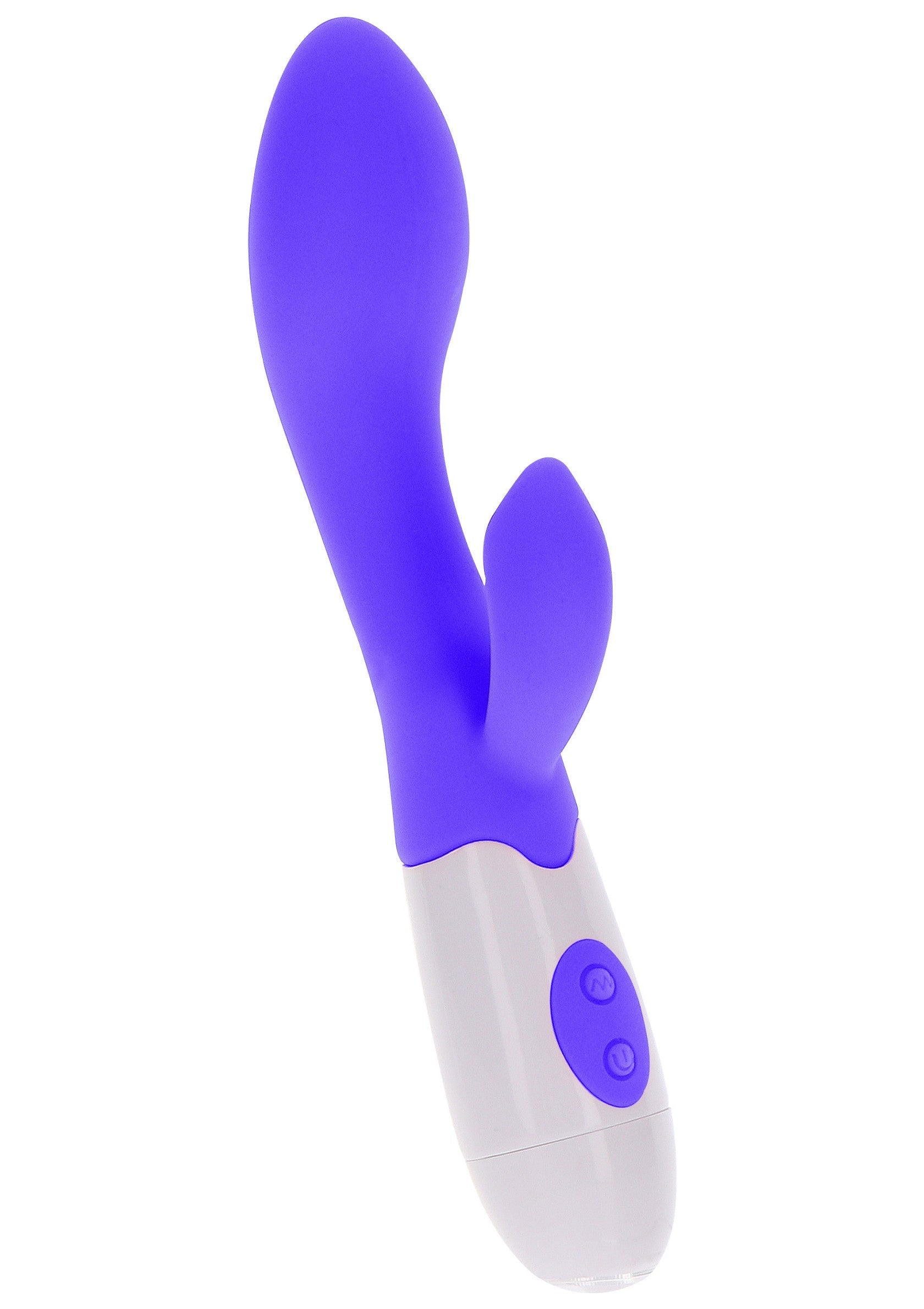 Vibromasseur double stimulation violet et blanc pour le plaisir féminin.; Paarse en witte dubbele stimulator vibrator voor vrouwelijk genot.; Purple and white dual stimulator vibrator for female pleasure.
