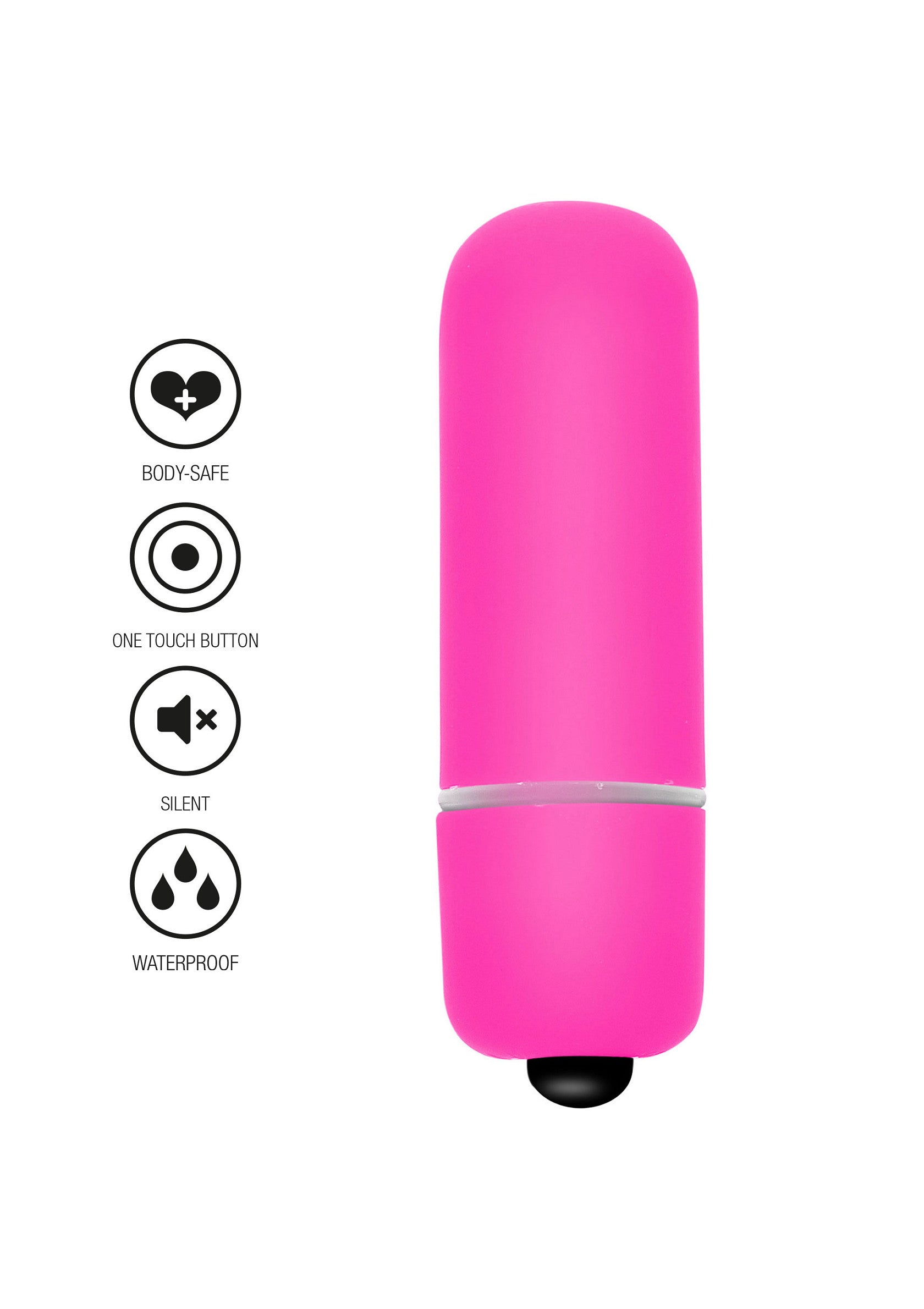 Vibromasseur rose étanche et silencieux pour des plaisirs discrets et sûrs pour le corps.; Waterdichte, stille roze vibrator voor discreet en lichaamsveilig genot.; Waterproof, silent pink vibrator for discreet and body-safe pleasure.