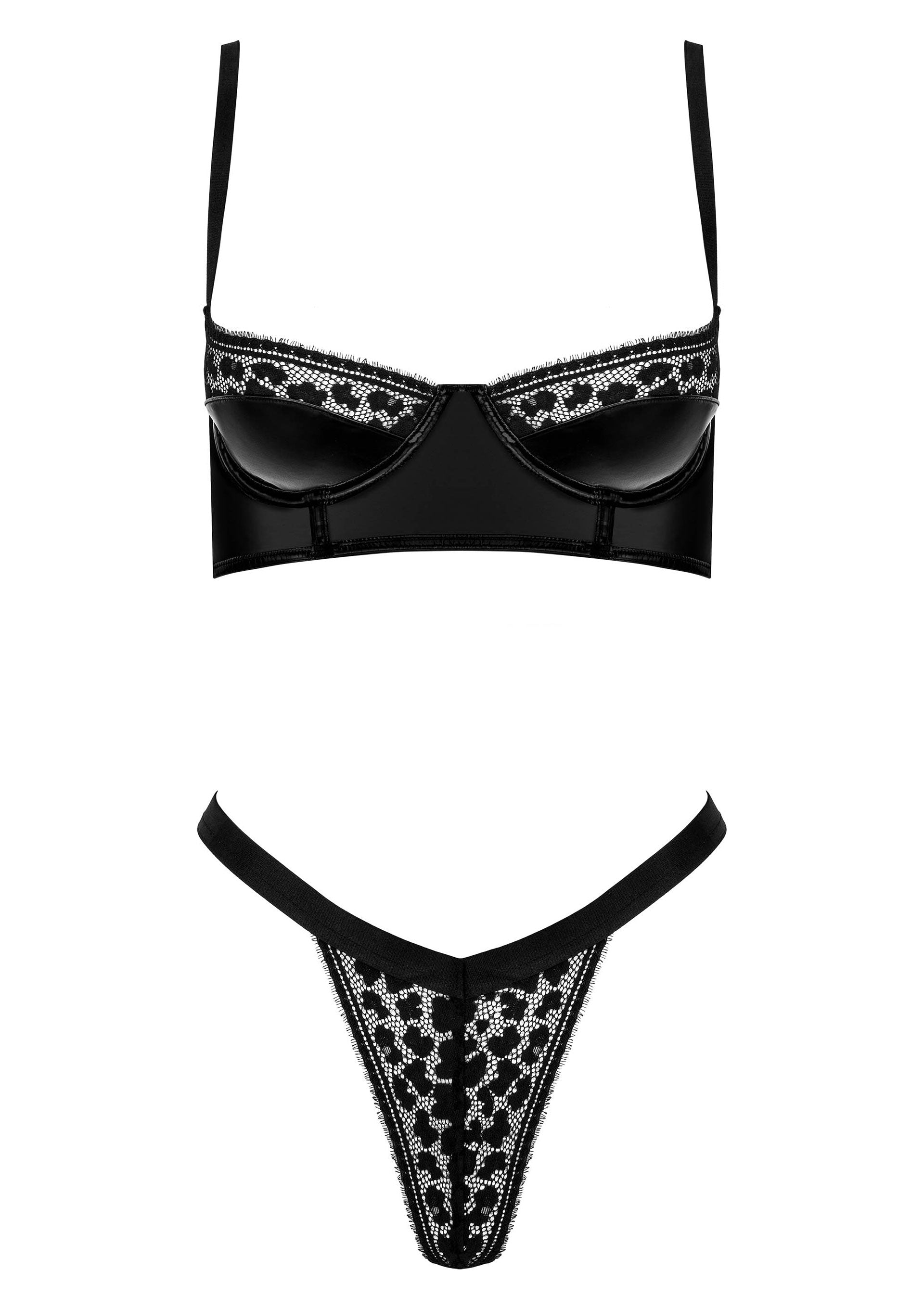 Ensemble de lingerie noir avec soutien-gorge et string en dentelle. Glamour et séduisant.; Zwarte lingerie set met beha en kanten string. Glamoureus en verleidelijk.; Black lingerie set with bra and lace thong. Glamorous and seductive.