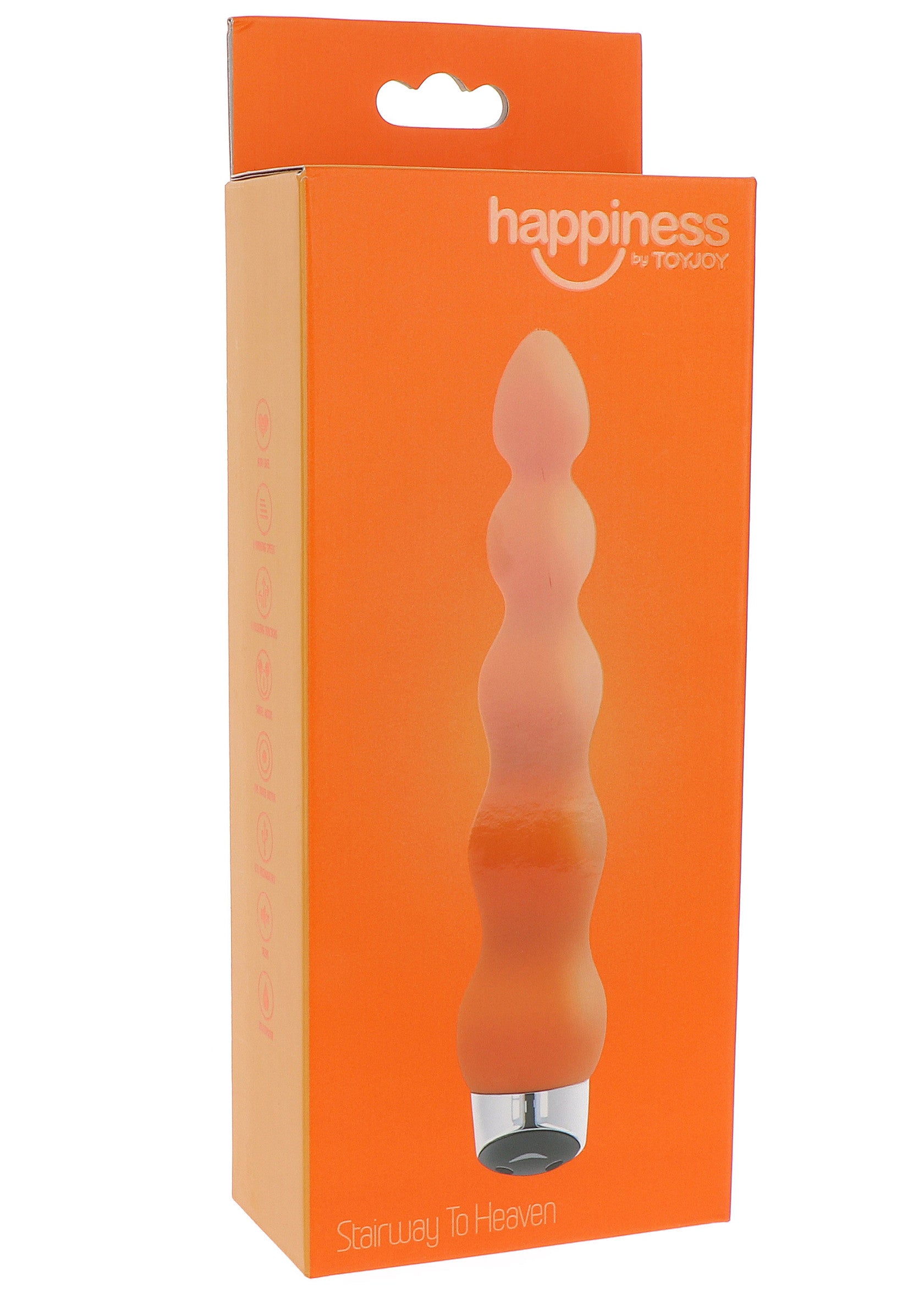 Happiness by ToyJoy Stairway to Heaven. Plaisir anal sûr et stimulant. Emballage orange vif.; Happiness by ToyJoy Stairway to Heaven. Veilige, stimulerende anale sensatie. Fel oranje verpakking.; Happiness by ToyJoy Stairway to Heaven. Safe, stimulating anal pleasure. Bright orange packaging.