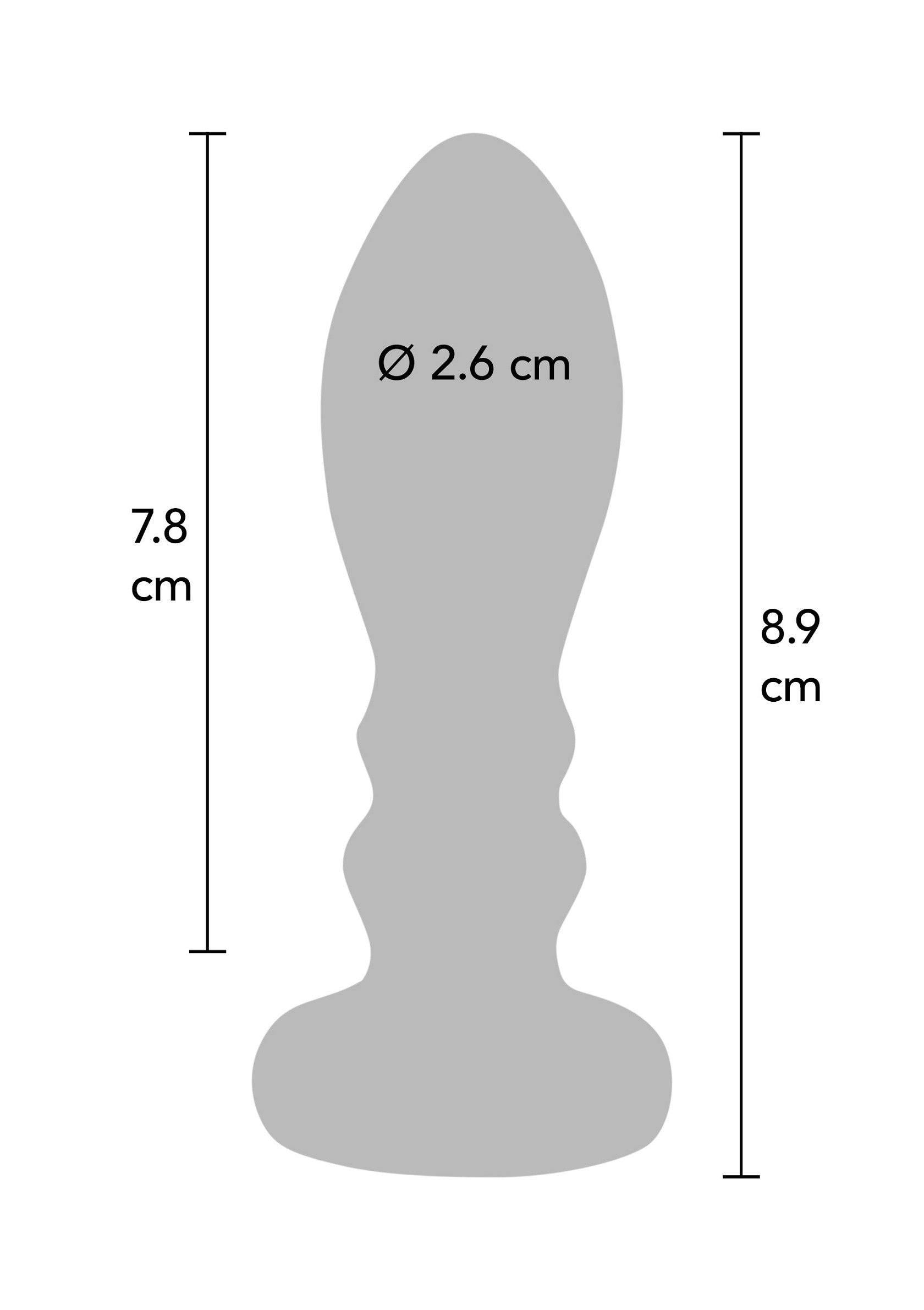 Schéma technique d'un plug anal avec ses dimensions (7,8 cm, 8,9 cm et 2,6 cm de diamètre).; Technische tekening van een anale plug met afmetingen (7,8 cm, 8,9 cm en 2,6 cm diameter).; Technical diagram of an anal plug with dimensions (7.8 cm, 8.9 cm and 2.6 cm diameter).
