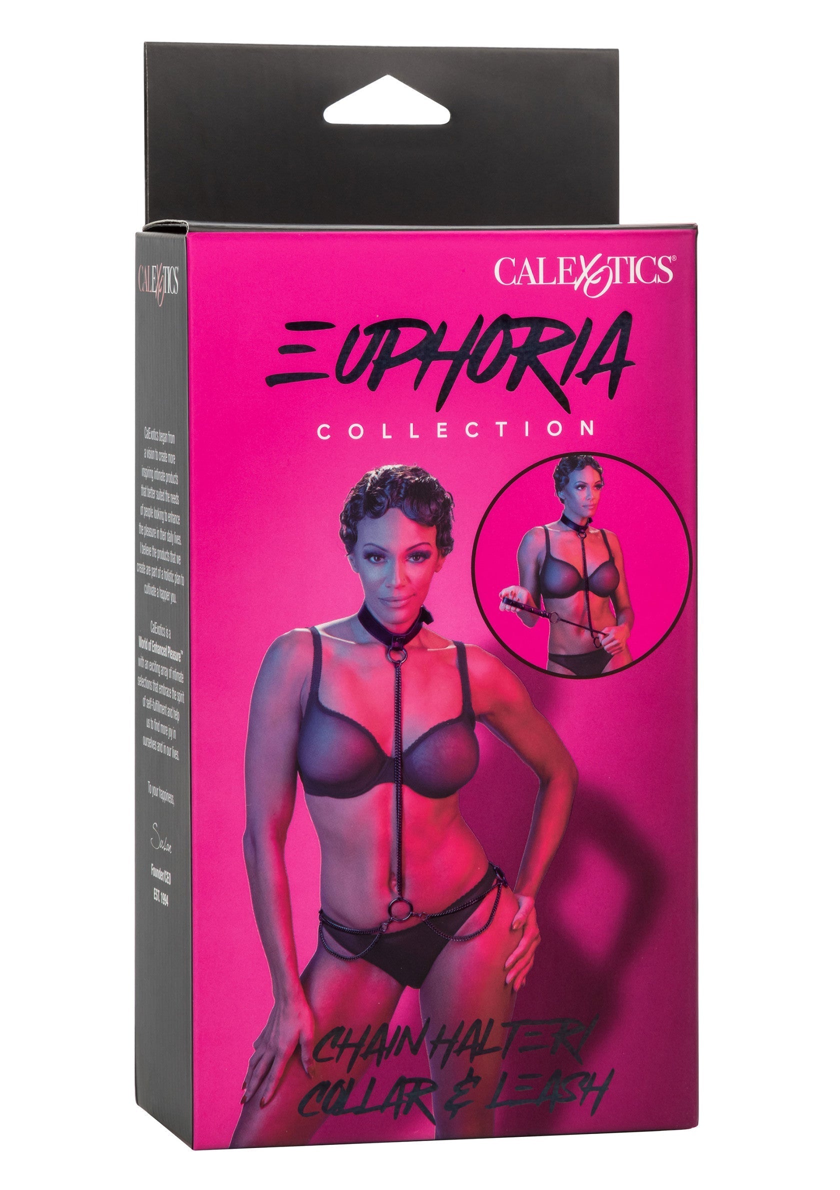 Calexotics Euphoria Ensemble Halter Chaîne Collier et Laisse. Lingerie érotique pour pimenter votre vie amoureuse.; Calexotics Euphoria Chain Halter Collar & Leash set. Erotische lingerie om je liefdesleven op te fleuren.; Calexotics Euphoria Chain Halter Collar & Leash set. Erotic lingerie to spice up your love life.