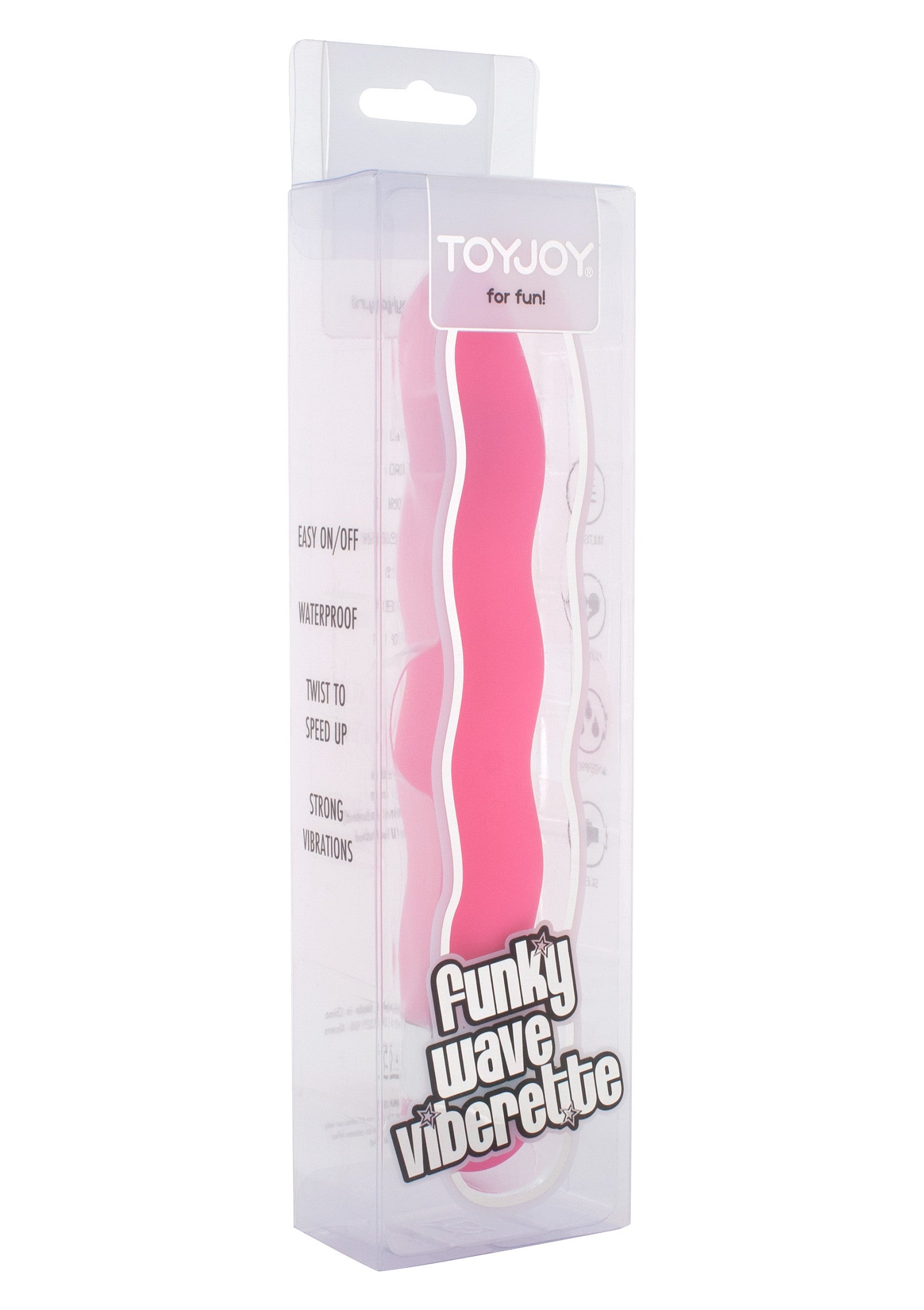 Vibromasseur ToyJoy Funky Wave Viberette rose et blanc dans son emballage. Plaisir et fun garantis !; ToyJoy Funky Wave Viberette vibrator in roze en wit, in verpakking. Gegarandeerd plezier en fun!; ToyJoy Funky Wave Viberette vibrator in pink and white, in packaging. Guaranteed pleasure and fun!