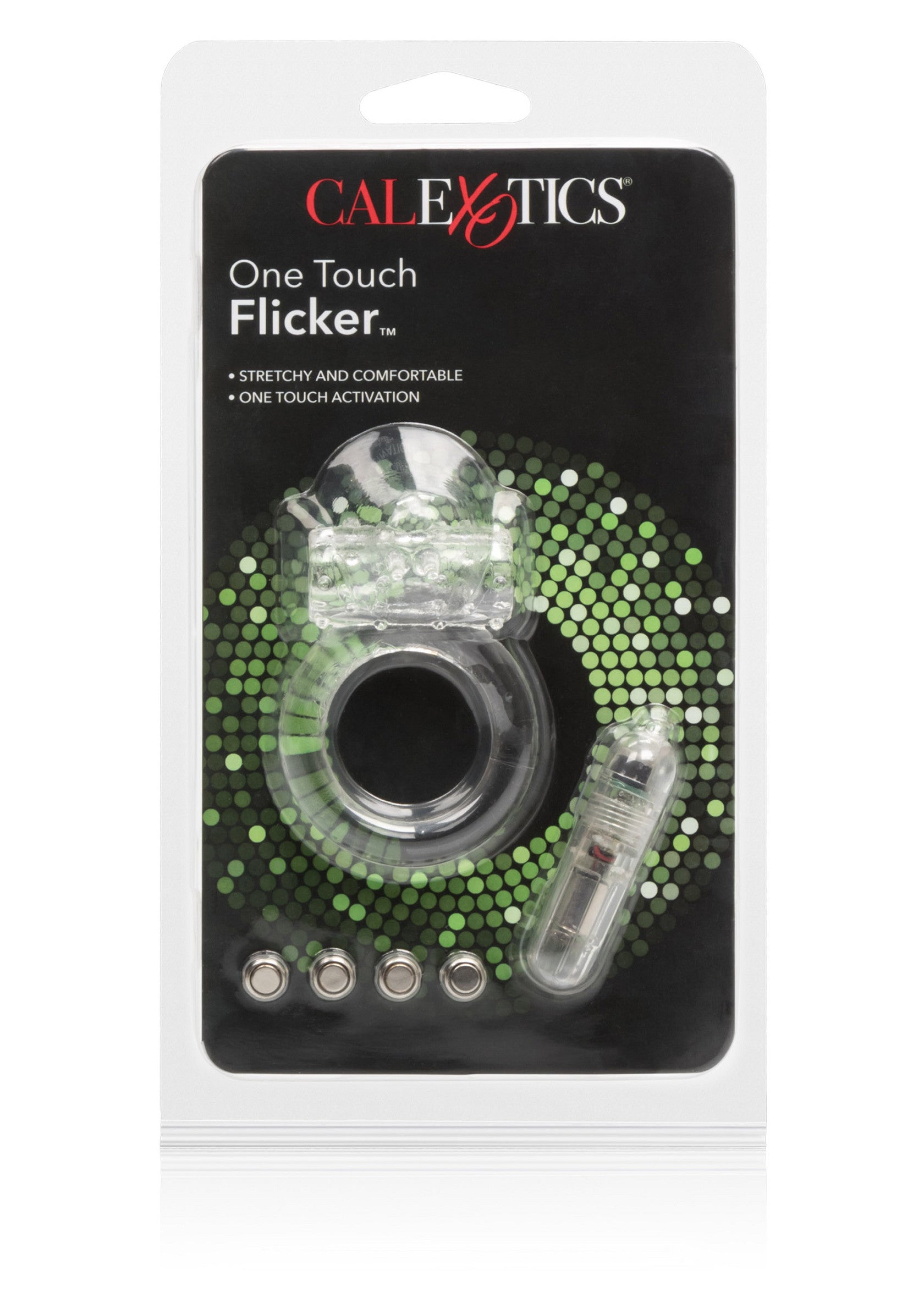 CalExotics One Touch Flicker : plaisir ciblé, flexible et activé d'un simple toucher.; CalExotics One Touch Flicker: gerichte stimulatie, flexibel en met één aanraking geactiveerd.; CalExotics One Touch Flicker: targeted pleasure, flexible and one-touch activated.