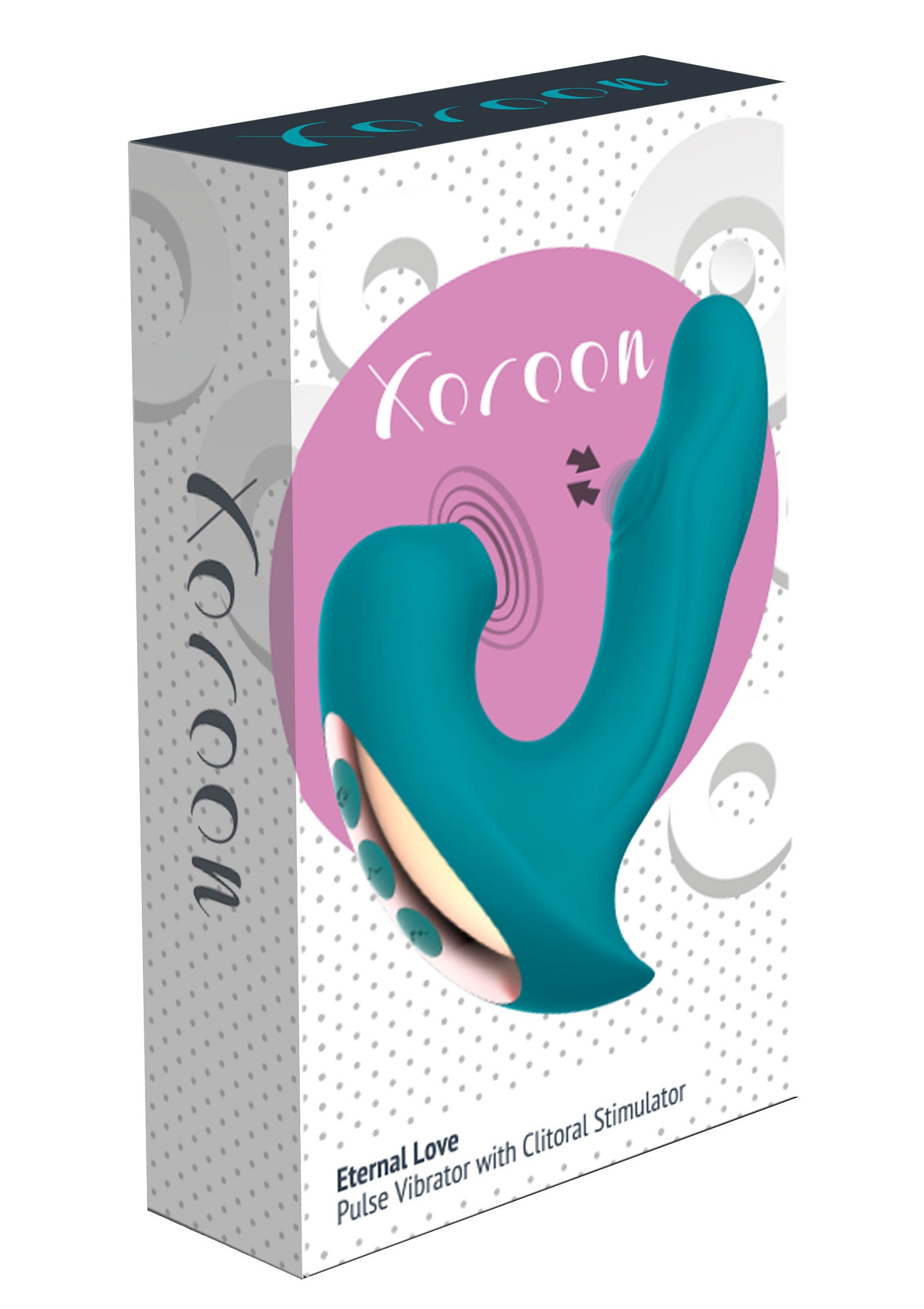 Vibromasseur clitoridien Koroon Eternal Love, pour des plaisirs intenses. Stimulateur de pouls pour des sensations uniques.; Koroon Eternal Love Pulse Vibrator met clitorisstimulator, voor intense genoegens. Pulsstimulator voor unieke gevoelens.; Koroon Eternal Love Pulse Vibrator with clitoral stimulator for intense pleasure. Pulse stimulator for unique sensations.