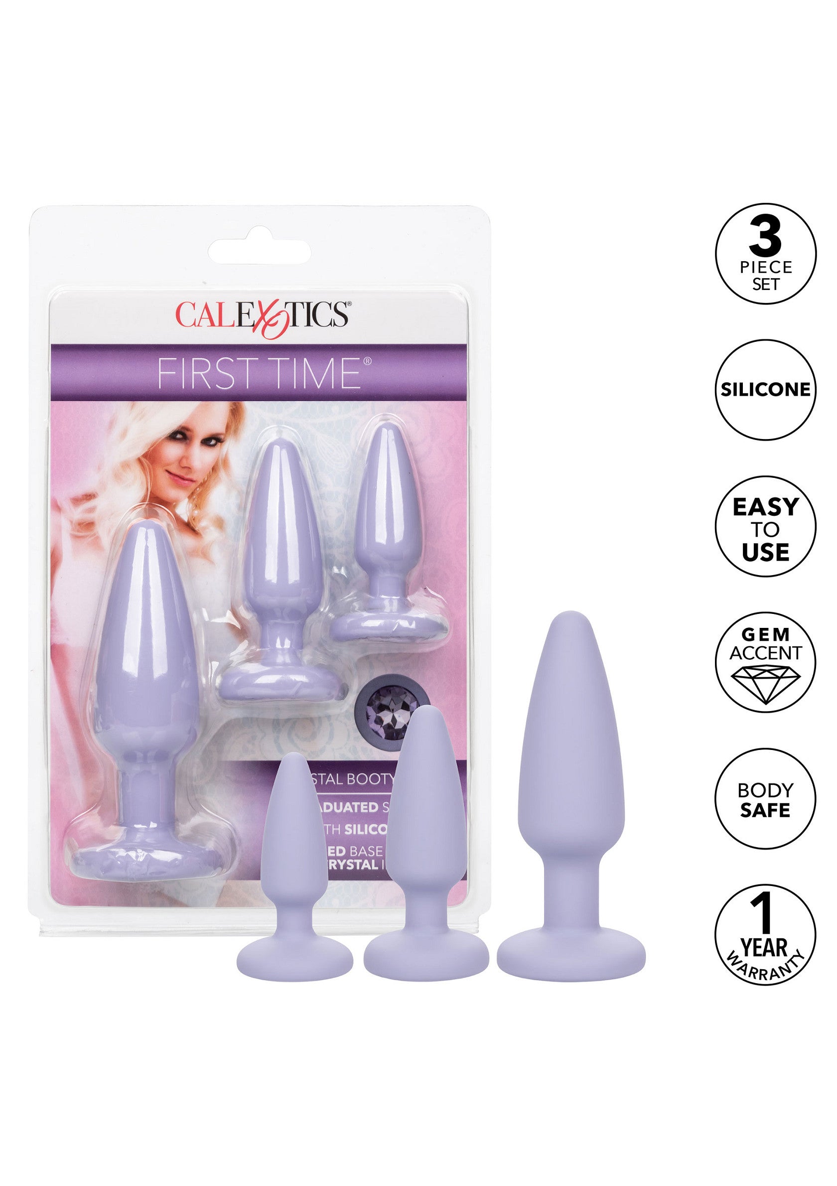 Ensemble de plugs anaux Calexotics First Time, silicone violet, 3 tailles pour débutants, avec accent de gemme.; Calexotics First Time buttplug set, paarse siliconen, 3 maten voor beginners, met edelsteen accent.; Calexotics First Time butt plug set, purple silicone, 3 sizes for beginners, with gem accent.