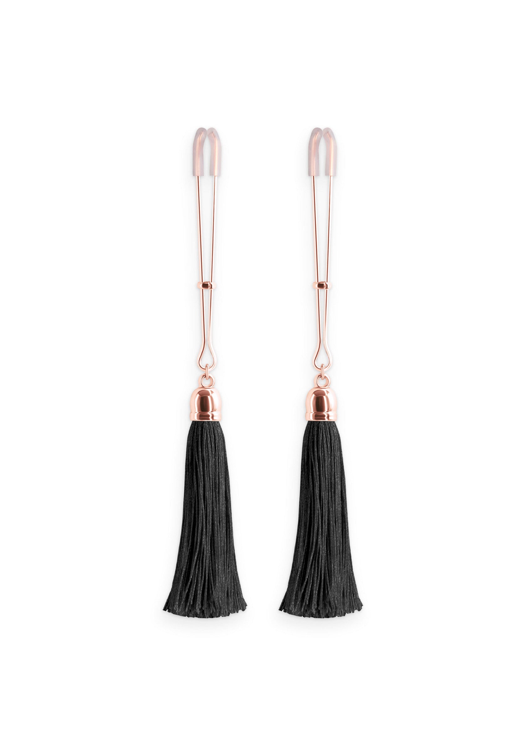 Pince-tétons avec pompon noir pour un look audacieux et sophistiqué. Accessoire de lingerie sensuel.; Nippelklemmen met zwarte kwast voor een gedurfde en verfijnde look. Sensueel lingerie-accessoire.; Nipple clamps with black tassel for a daring and sophisticated look. Sensual lingerie accessory.