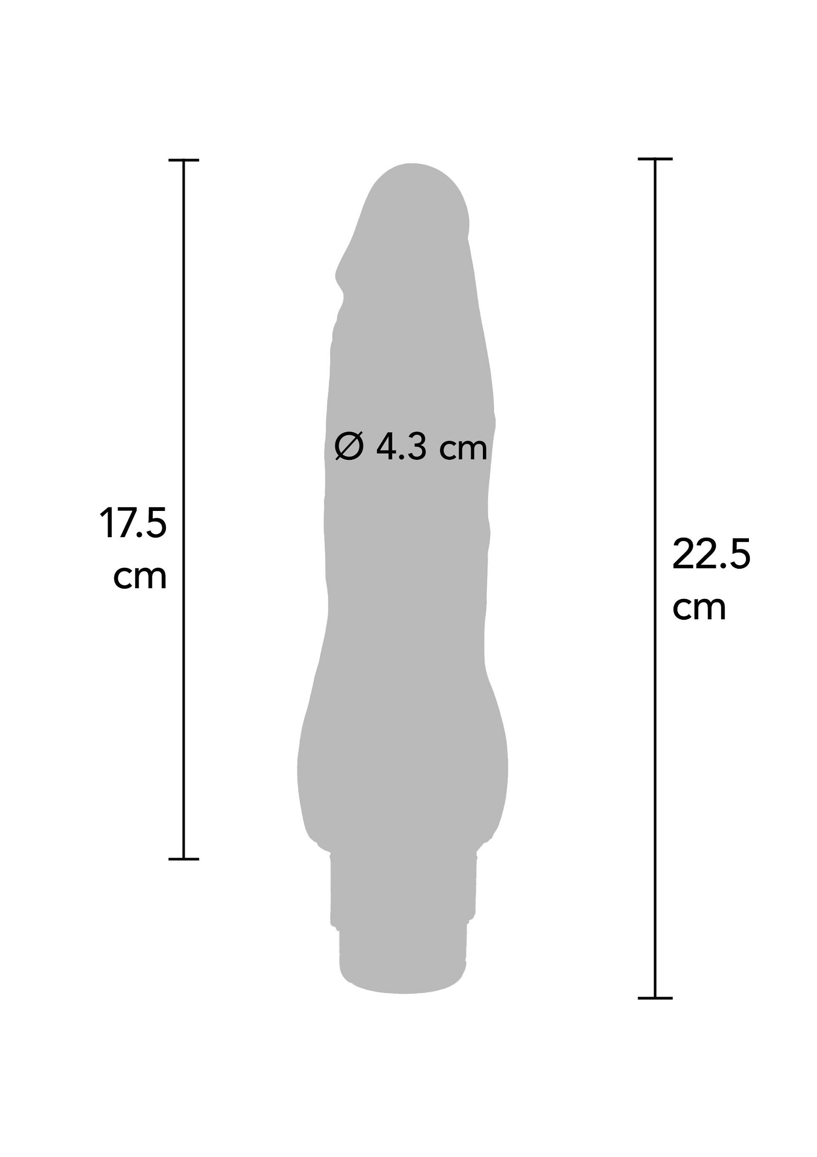 Dimensions détaillées d'un jouet pour adultes : 17,5 cm de hauteur utilisable, 22,5 cm de hauteur totale et 4,3 cm de diamètre.; Gedetailleerde afmetingen van een seksspeeltje: 17,5 cm inbrenglengte, 22,5 cm totale hoogte en 4,3 cm in diameter.; Detailed dimensions of an adult toy: 17.5 cm insertable length, 22.5 cm total height and 4.3 cm in diameter.