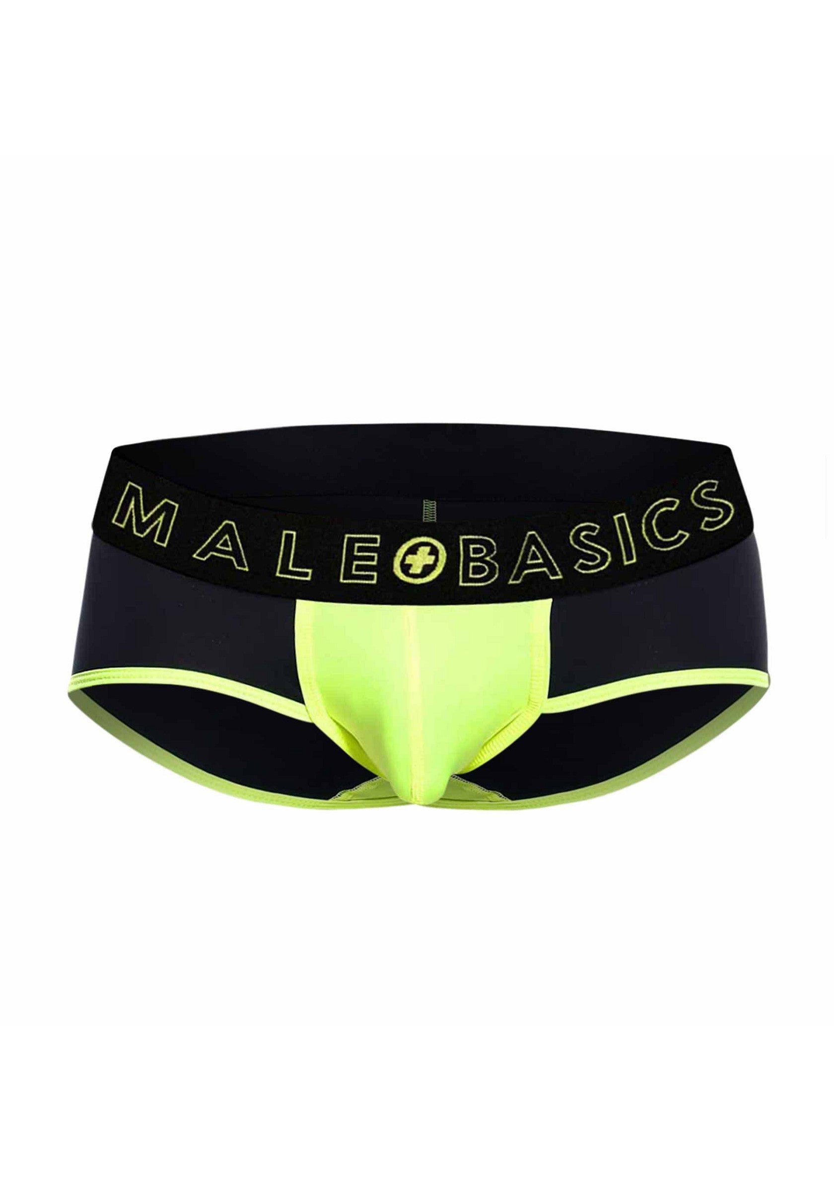 Slip Malebasics noir et vert citron pour hommes, confortable et stylé.; Malebasics heren slip, zwart en lime groen, comfortabel en stijlvol.; Malebasics men's brief, black and lime green, comfortable and stylish.