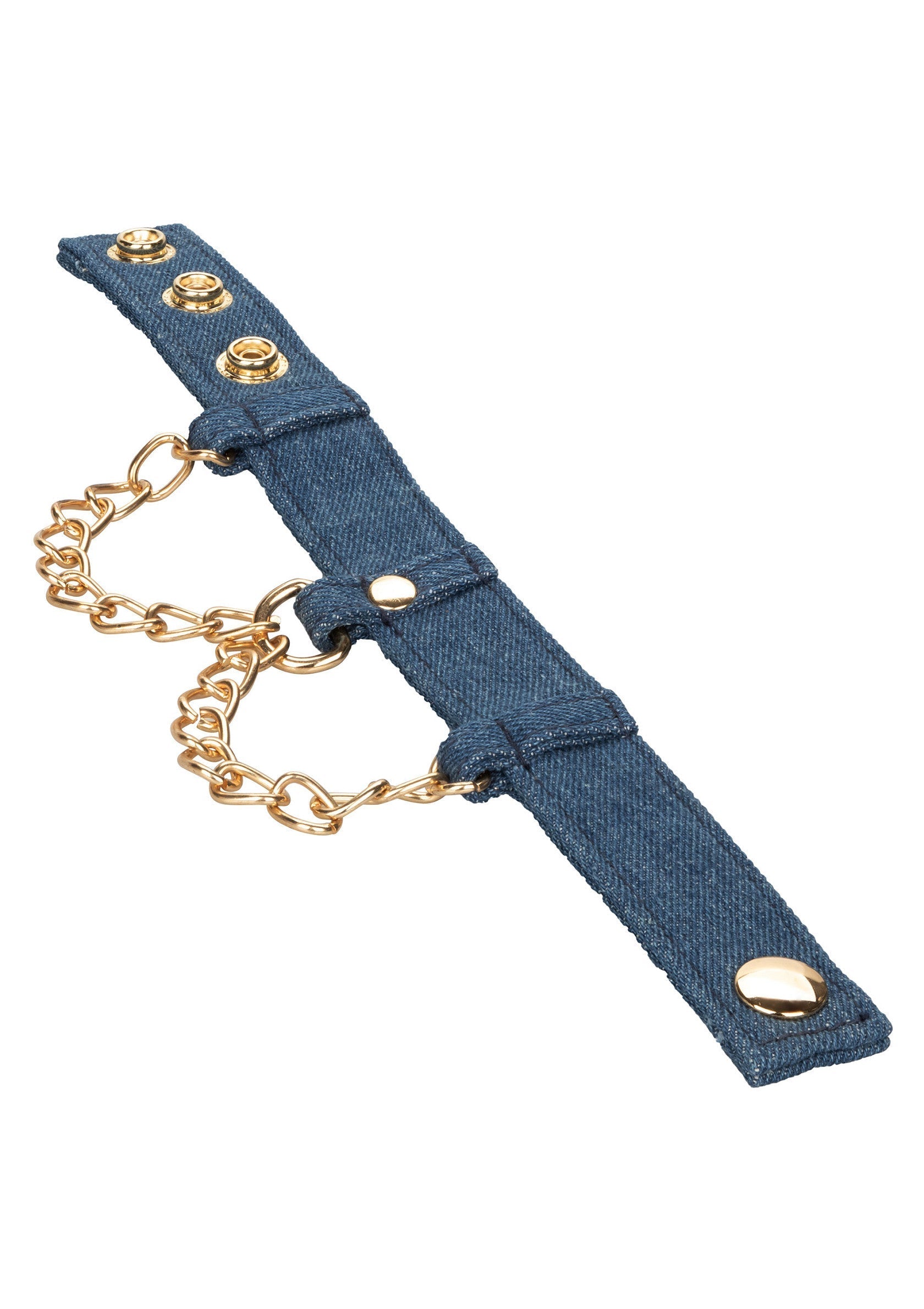 Bracelet en jean bleu avec chaîne dorée. Accessoire tendance et original.; Blauwe denim armband met gouden ketting. Trendy en origineel accessoire.; Blue denim bracelet with gold chain. Trendy and original accessory.
