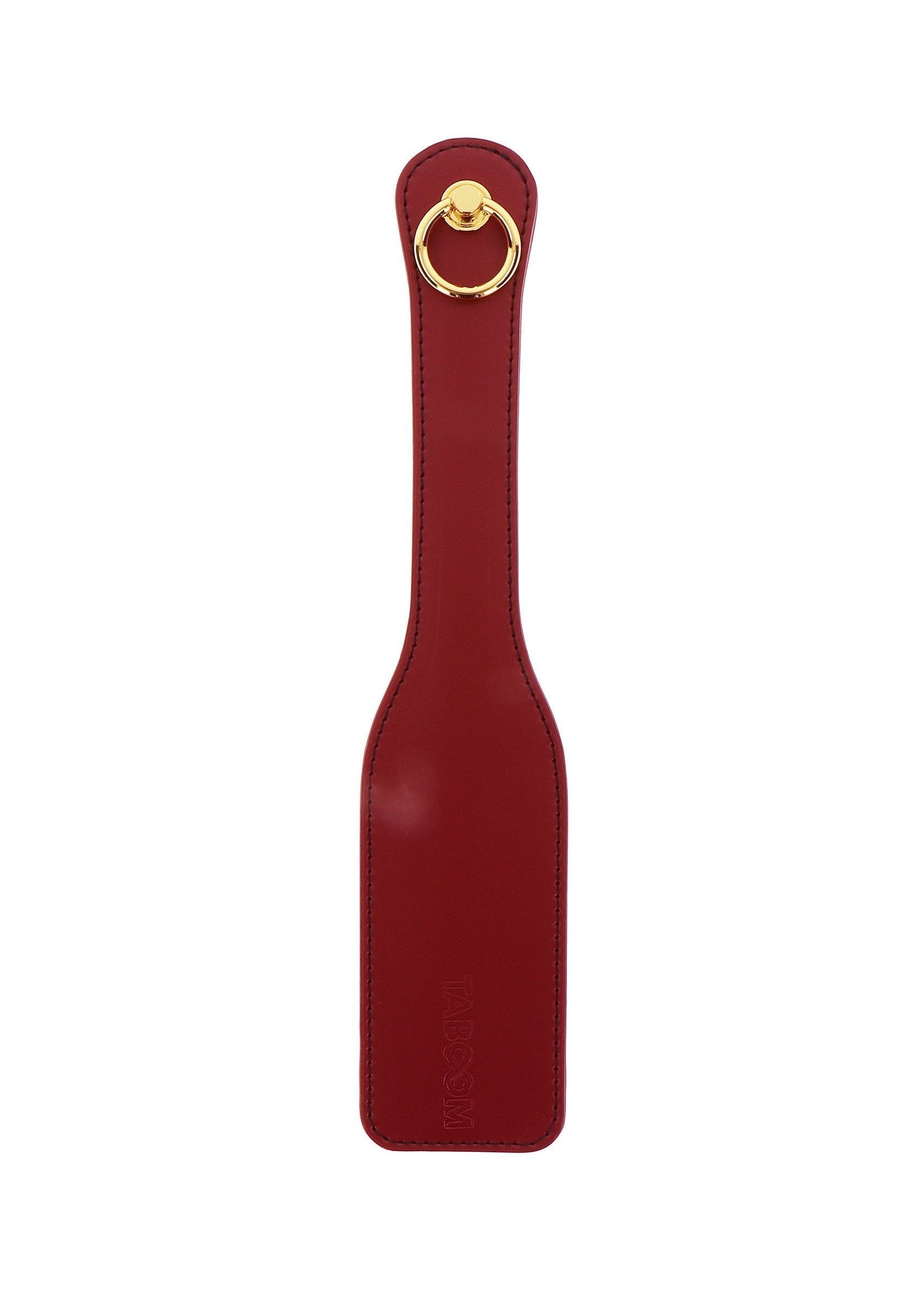 Pagaie en cuir rouge avec anneau doré. Accessoire pour jeux coquins et BDSM. Article de luxe.; Rode leren paddle met gouden ring. Accessoire voor kinky spelletjes en BDSM. Luxe item.; Red leather paddle with gold ring. Accessory for kinky games and BDSM. Luxury item.