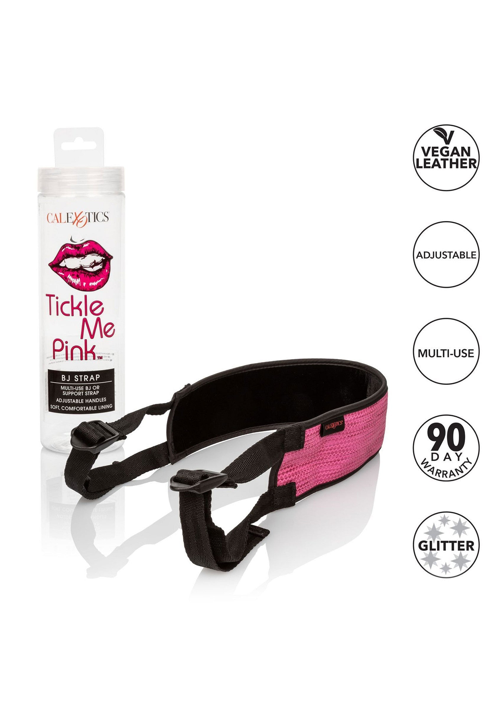 Sangle de support CalExotics Tickle Me Pink BJ. Cuir végétalien, réglable, multi-usage et garantie de 90 jours. ; CalExotics Tickle Me Pink BJ-ondersteuningsband. Veganistisch leer, verstelbaar, voor meervoudig gebruik en 90 dagen garantie.; CalExotics Tickle Me Pink BJ support strap. Vegan leather, adjustable, multi-use and 90 day warranty.