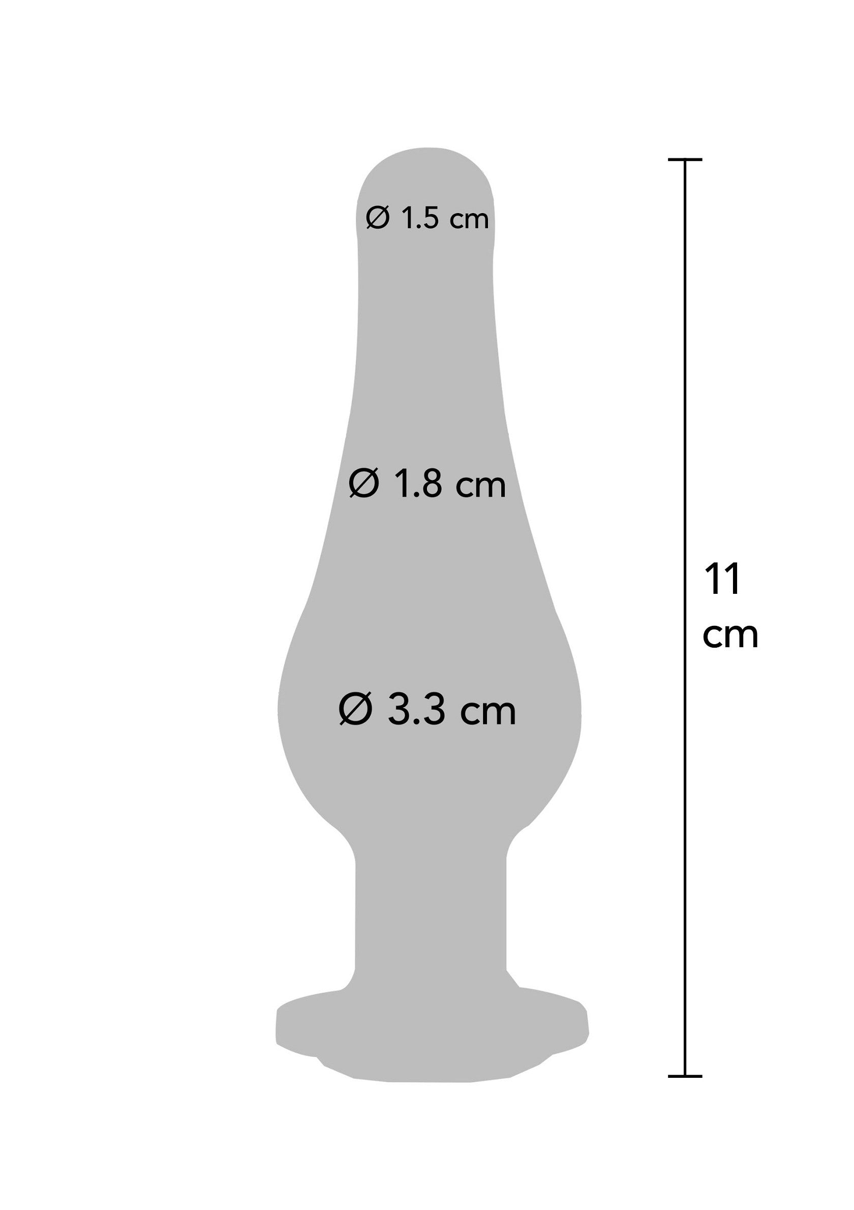 Schéma détaillé du plug anal avec dimensions (11 cm de long, 1.5-3.3 cm de diamètre). Parfait pour comprendre la taille.; Gedetailleerd schema van een anale plug met afmetingen (11 cm lang, 1.5-3.3 cm diameter). Perfect om de maat te begrijpen.; Detailed diagram of anal plug with dimensions (11 cm long, 1.5-3.3 cm diameter). Perfect for understanding the size.