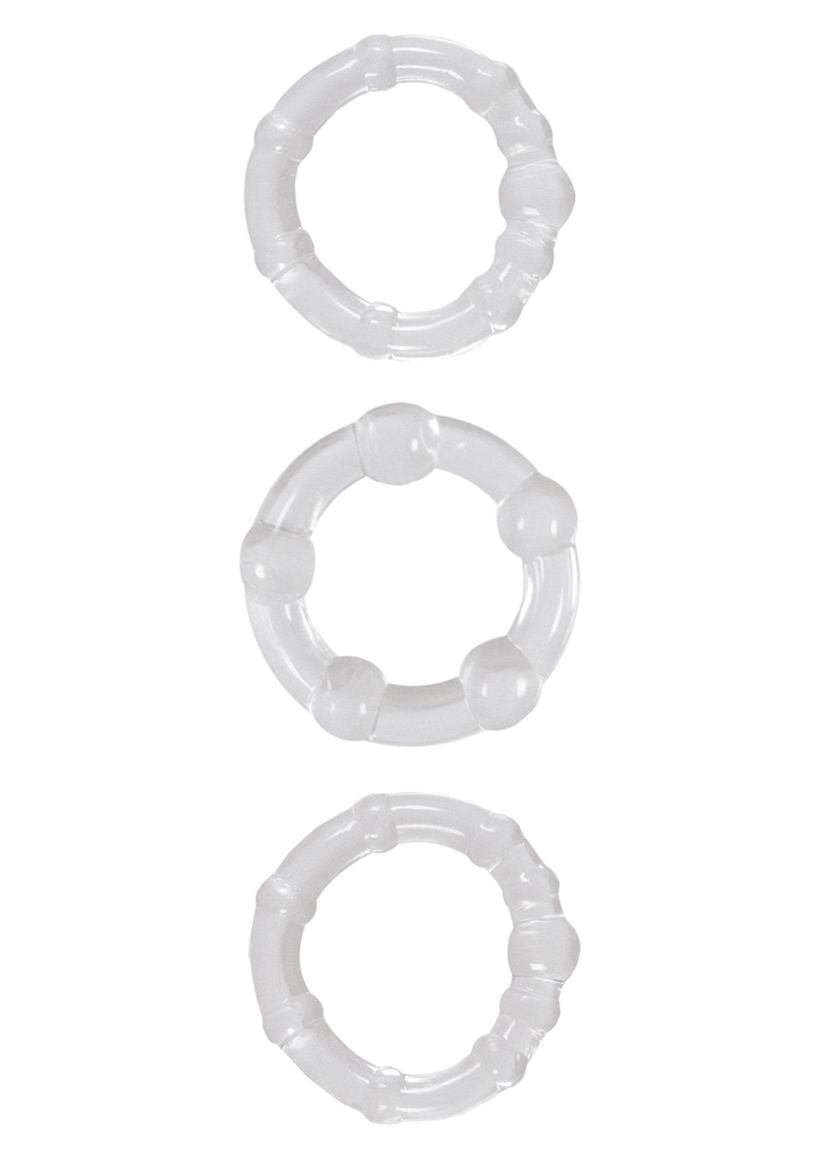 Ensemble de 3 anneaux péniens transparents texturés pour un plaisir accru et une expérience intense.; Set van 3 transparante, getextureerde penisringen voor extra genot en een intense ervaring.; Set of 3 transparent, textured penis rings for enhanced pleasure and an intense experience.