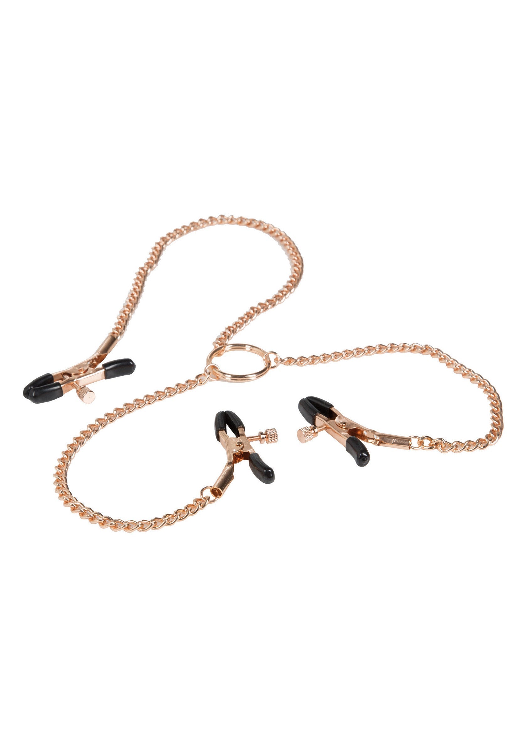 Pinces à tétons dorées avec chaîne pour un plaisir intense.; Gouden tepelklemmen met ketting voor intense ervaringen.; Gold nipple clamps with chain for intense pleasure.