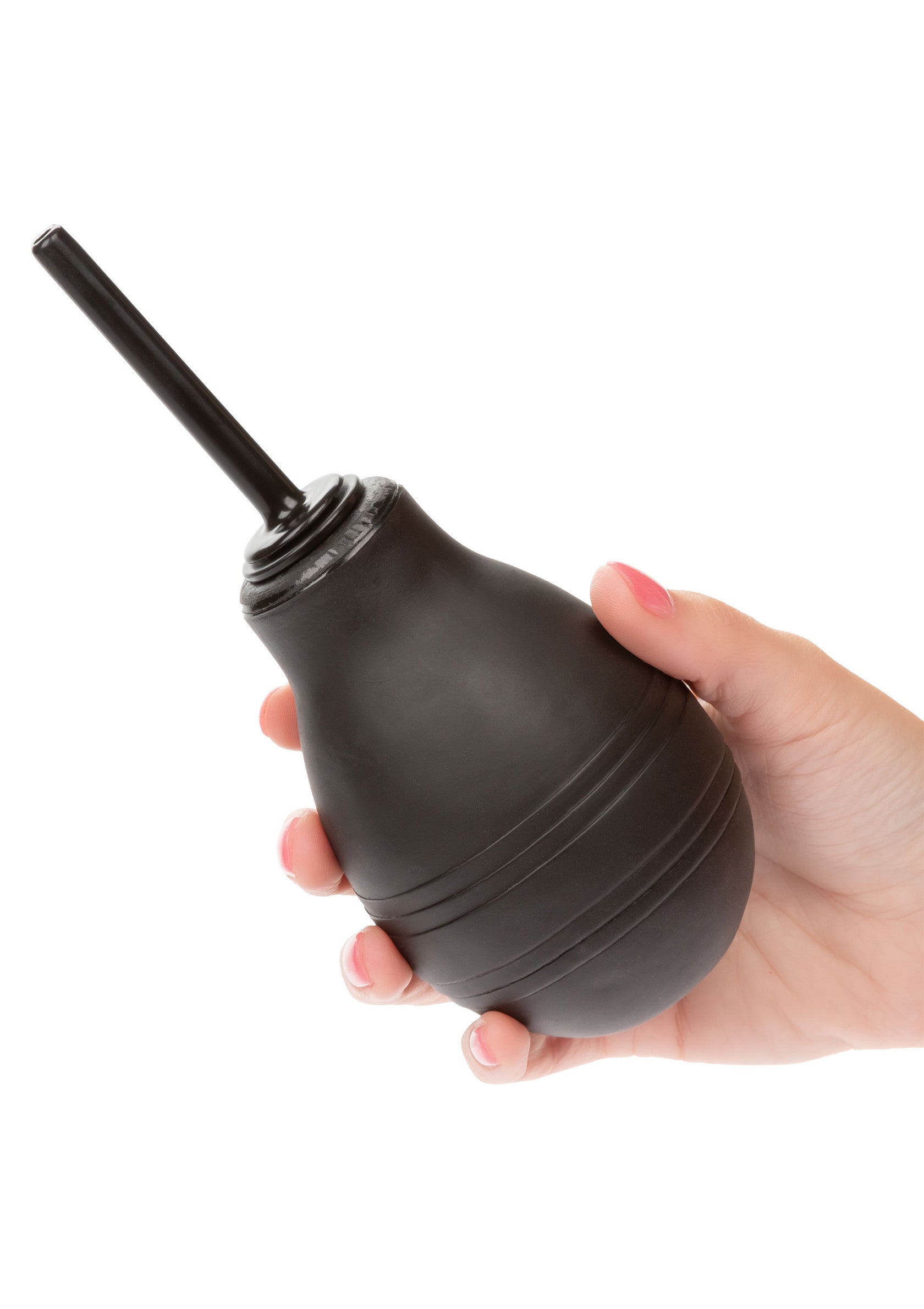 Poire à lavement noire en caoutchouc doux pour un nettoyage intime en douceur et confortable.; Zwarte klysma-spuit van zacht rubber voor een zachte en comfortabele intieme reiniging.; Black enema bulb made from soft rubber for gentle and comfortable intimate cleansing.