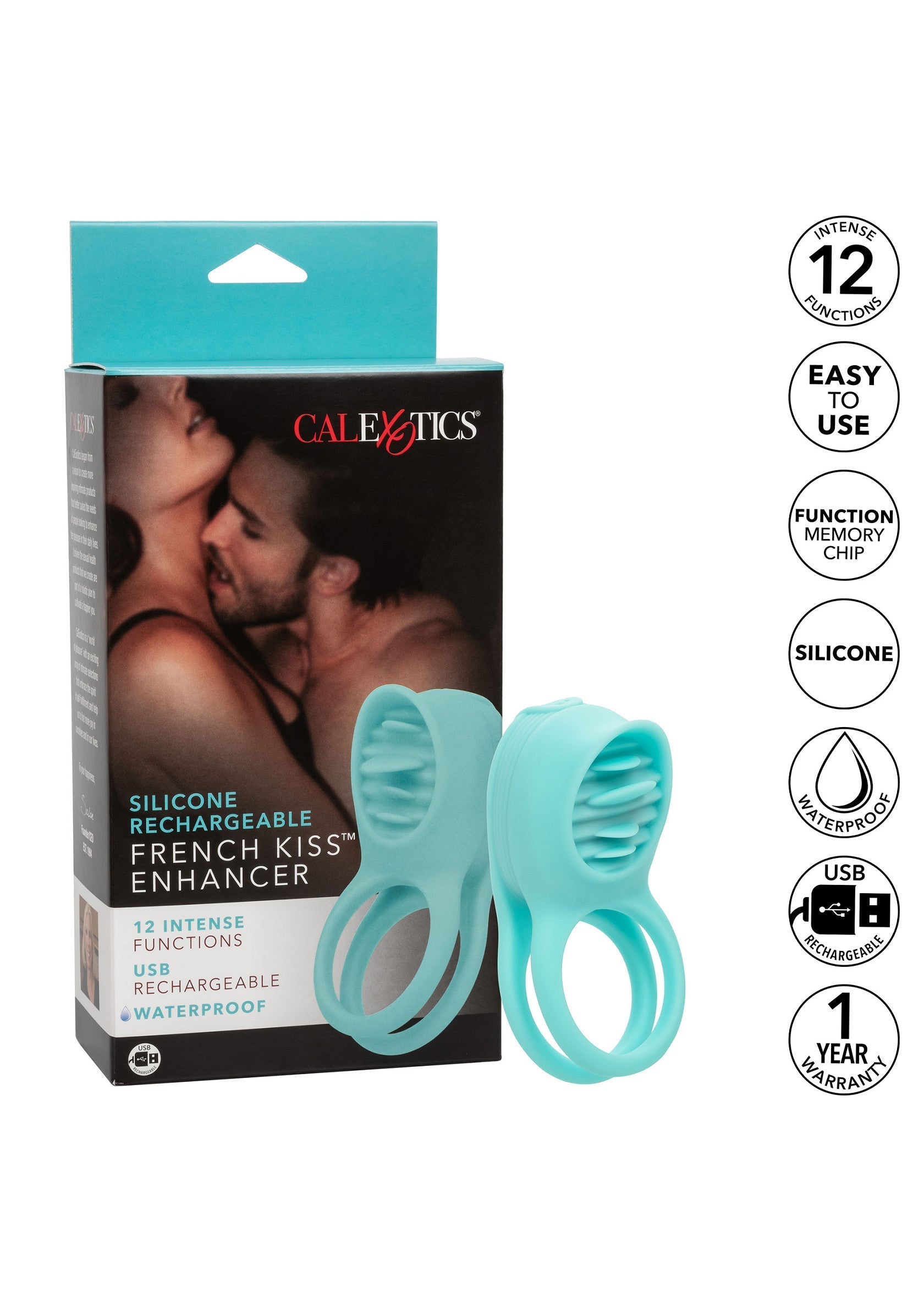 Anneau pénien CalExotics French Kiss Enhancer. Jouet sexuel rechargeable pour une stimulation intense.; CalExotics French Kiss Enhancer penisring. Oplaadbaar seksspeeltje voor intense stimulatie.; CalExotics French Kiss Enhancer cock ring. Rechargeable sex toy for intense stimulation.
