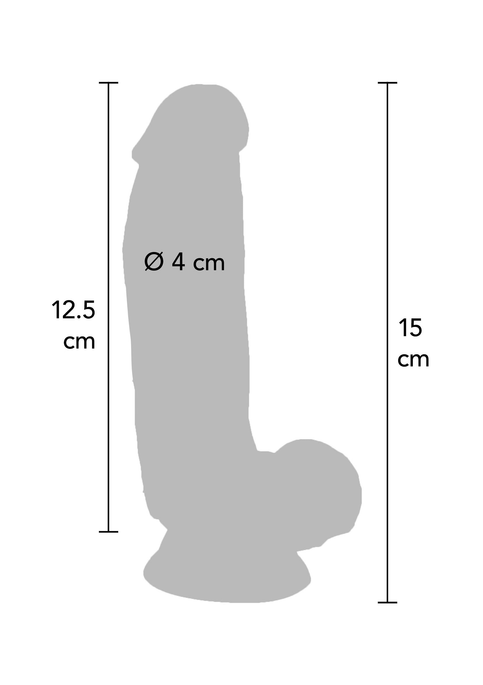 Diagramme de taille d'un gode de 15cm de long et 4cm de diamètre.; Maatdiagram van een dildo, 15 cm lang en 4 cm in diameter.; Size diagram of a dildo, 15cm long and 4cm in diameter.
