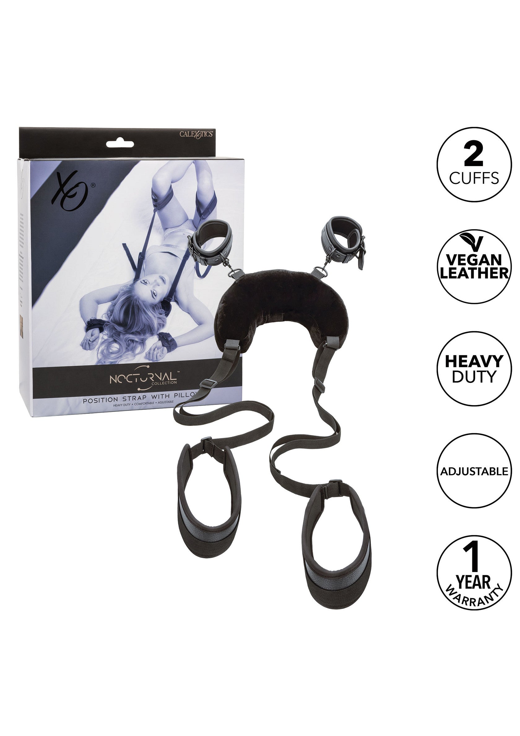 Sangles de position Nocturnal avec oreiller, en cuir vegan, robustes, réglables et garanties 1 an. 2 manchettes incluses.; Nocturnal positioneringsbanden met kussen, veganistisch leer, heavy-duty, verstelbaar & 1 jaar garantie. Incl. 2 manchetten.; Nocturnal position straps with pillow, vegan leather, heavy duty, adjustable & 1 year warranty. Includes 2 cuffs.