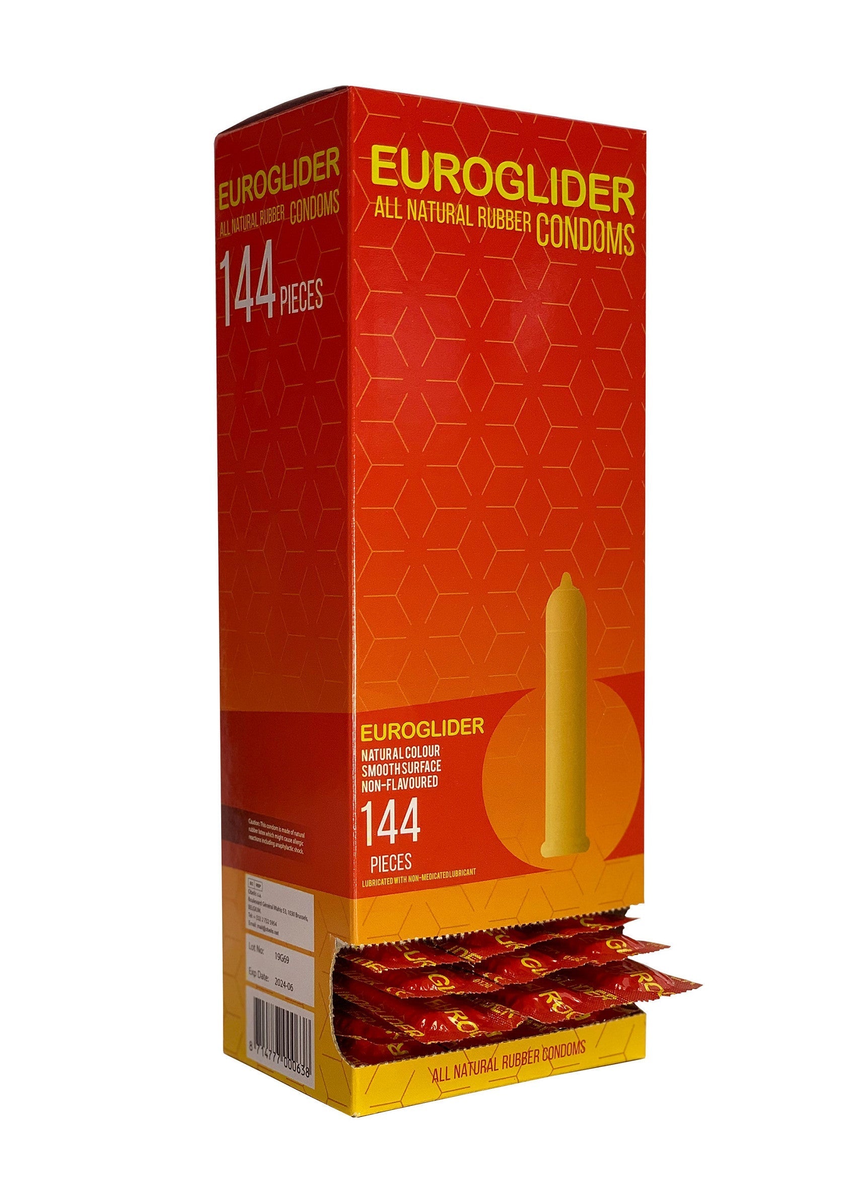 Boîte de 144 préservatifs Euroglider en latex naturel. Protection sûre et fiable pour vos relations intimes.; Doos met 144 Euroglider condooms van natuurlijk rubber. Betrouwbare bescherming voor intieme relaties.; Box of 144 Euroglider condoms made from natural rubber. Safe and reliable protection for intimate relations.