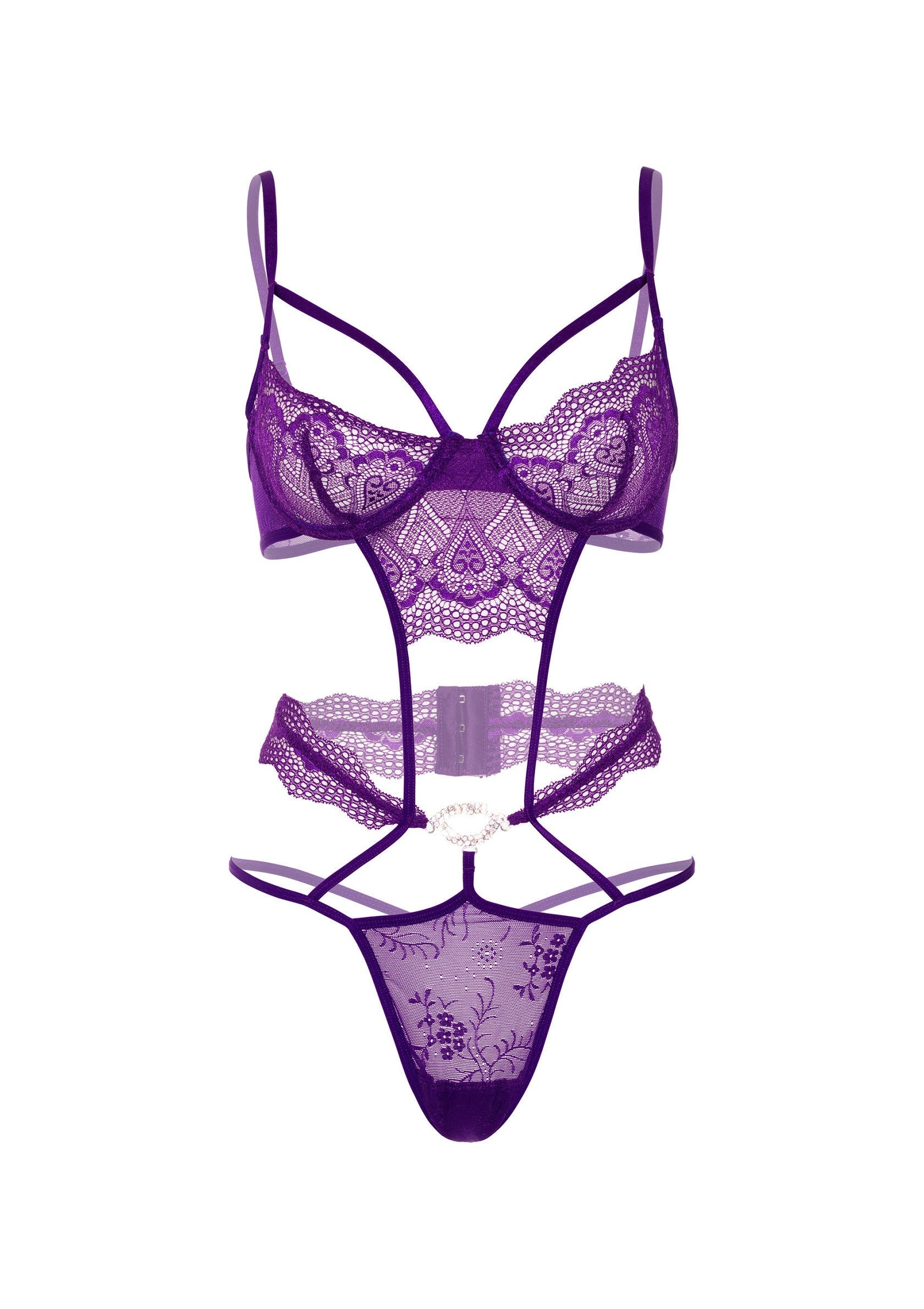 Body violet en dentelle florale avec bretelles. Lingerie sexy et élégante pour une allure audacieuse et raffinée.; Paarse body met bloemenkant en bandjes. Sexy en elegante lingerie voor een gedurfde en verfijnde look.; Purple floral lace bodysuit with straps. Sexy, elegant lingerie for a bold, refined look. 
