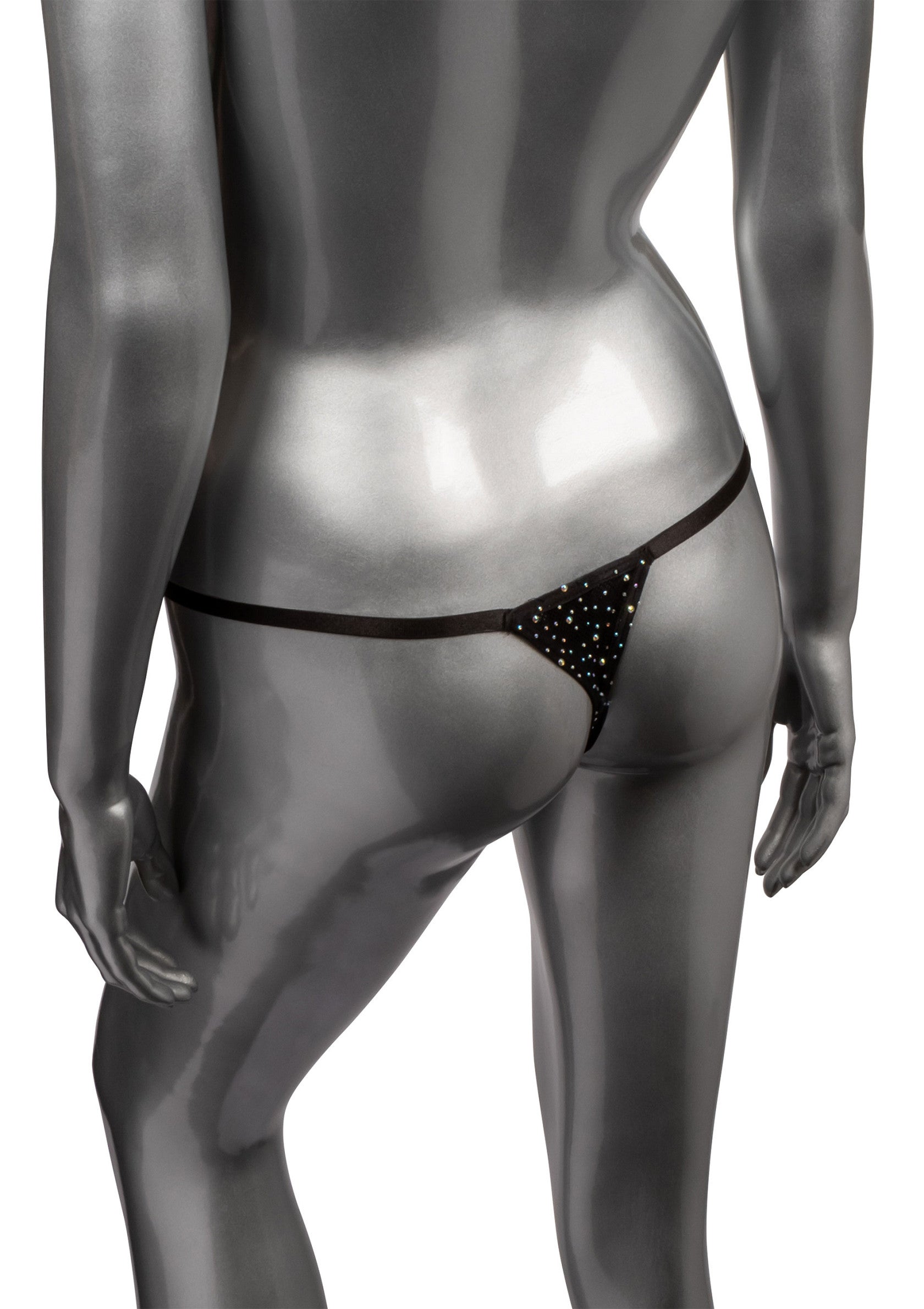 String noir élégant avec des détails scintillants sur un mannequin, parfait pour une touche de glamour.; Elegante zwarte string met glinsterende details op een mannequin, perfect voor een vleugje glamour.; Elegant black thong with glittering details on a mannequin, perfect for a touch of glamour.