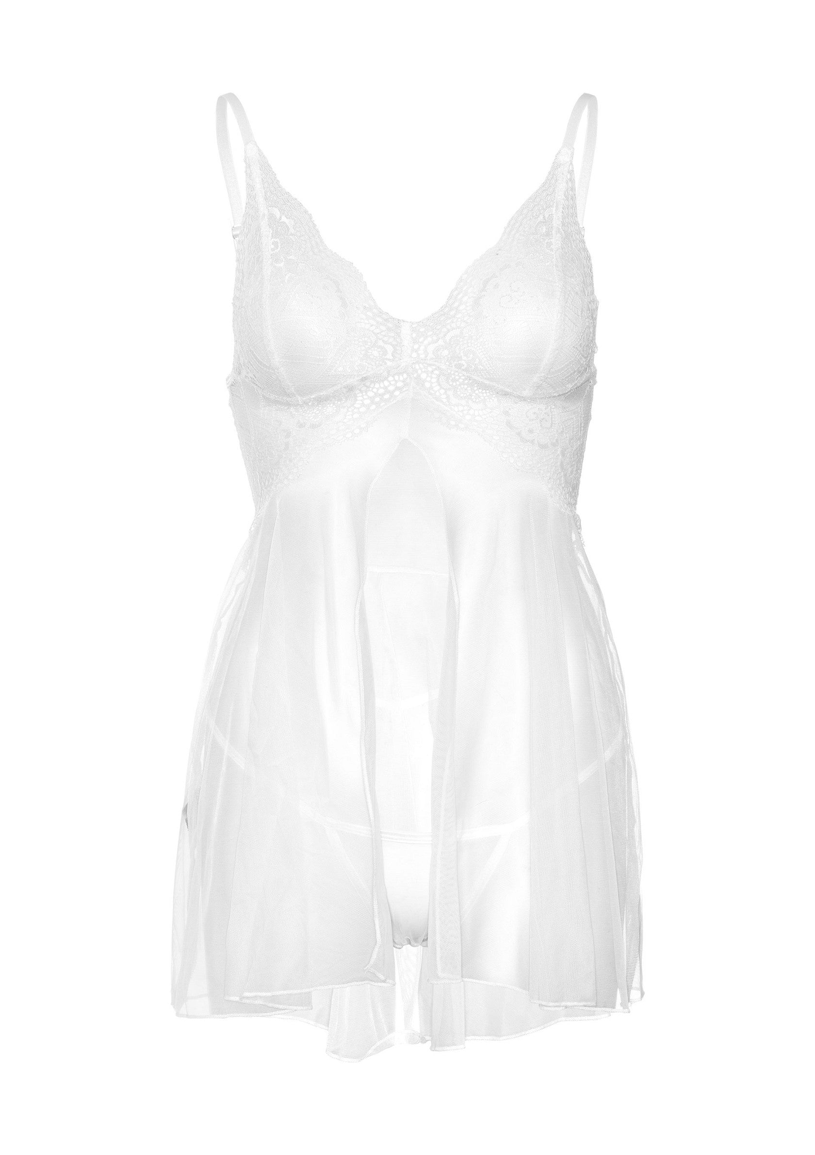 Nuisette blanche en dentelle délicate et voile léger. Élégance et confort pour vos nuits.; Witte babydoll met delicaat kant en licht voile. Elegantie en comfort voor uw nachten.; White babydoll featuring delicate lace and a light chiffon overlay. Elegance and comfort for your nights.