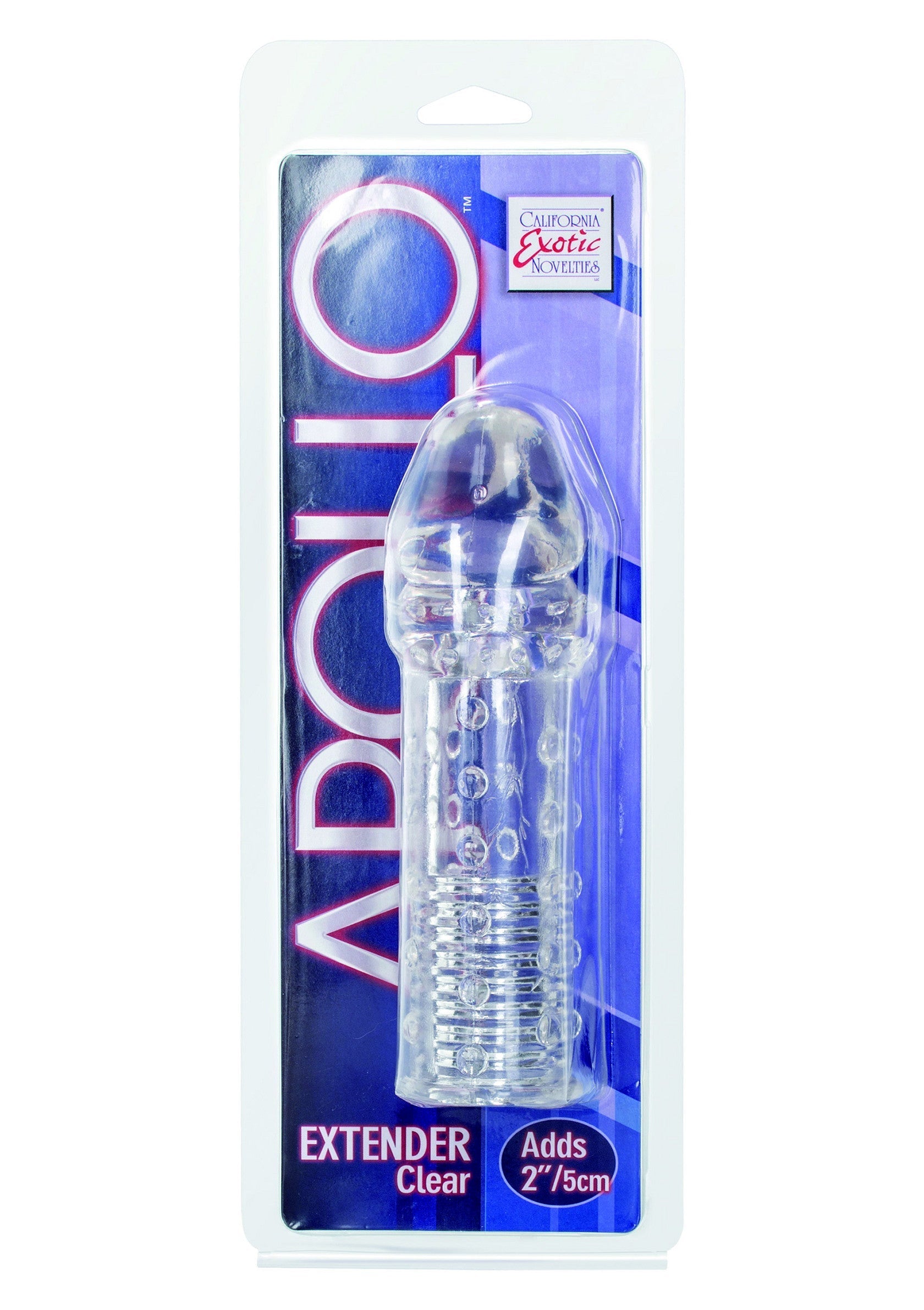 Apollo Extender transparent de California Exotic Novelties, ajoute 5 cm pour une expérience intense.; Transparante Apollo Extender van California Exotic Novelties, voegt 5 cm toe voor een intense ervaring.; Clear Apollo Extender from California Exotic Novelties, adds 2"/5cm for an intense experience.