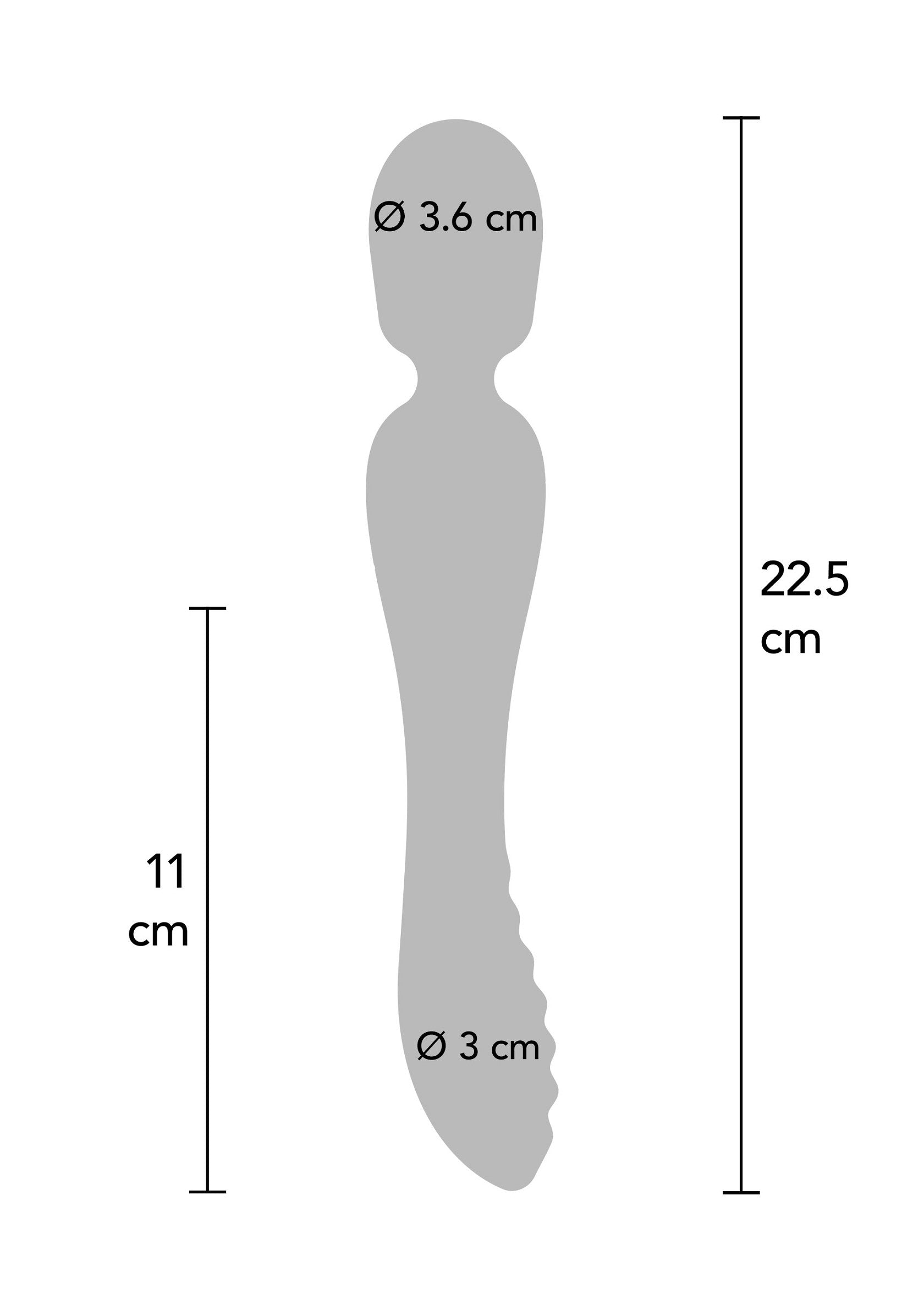 Dimensions du produit : schéma avec les mesures de longueur (22,5 cm) et de diamètre (3,6 cm et 3 cm).; Productafmetingen: schema met lengte- (22,5 cm) en diametermaat (3,6 cm en 3 cm).; Product dimensions: schematic with length (22.5 cm) and diameter measurements (3.6 cm and 3 cm).