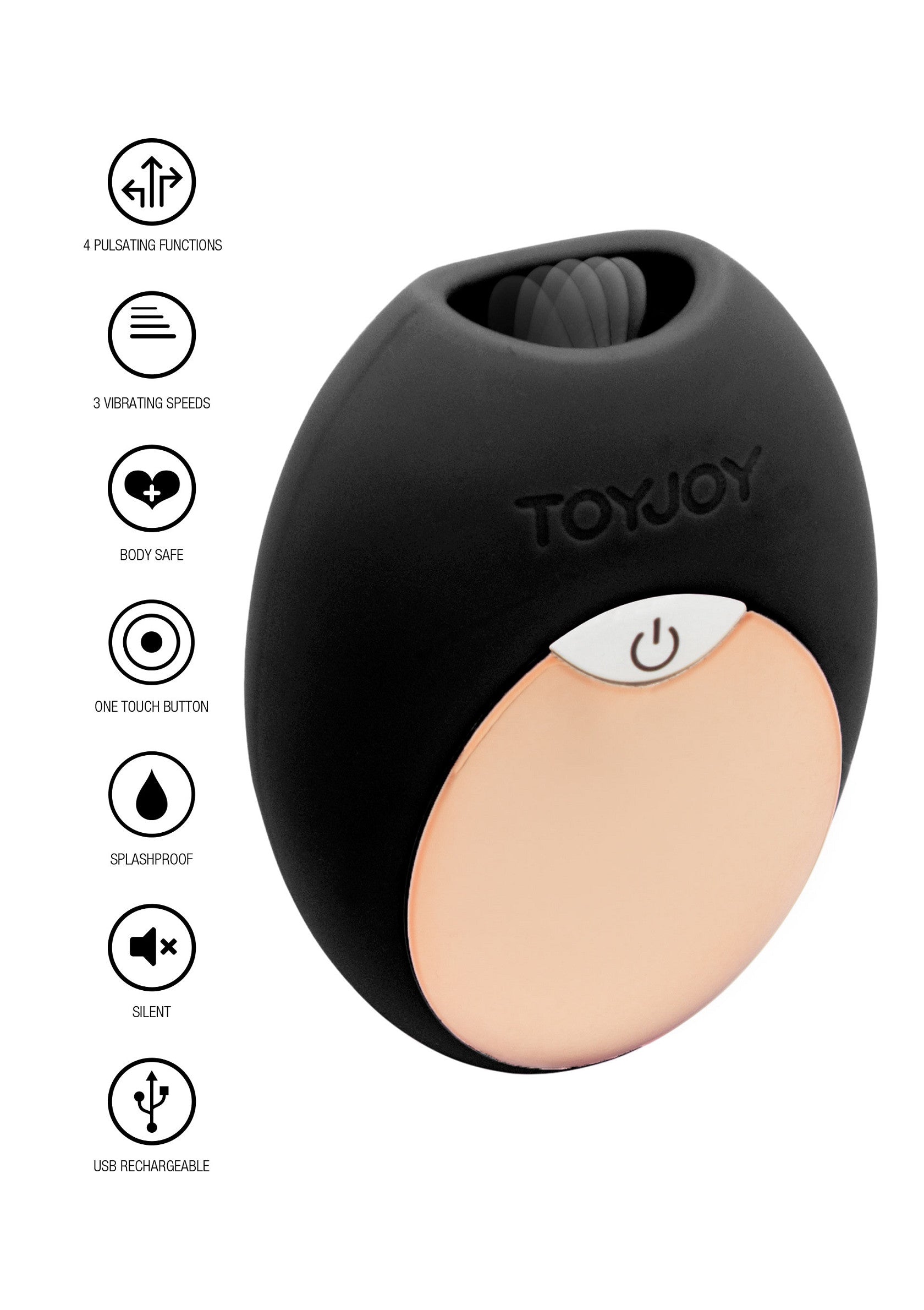 ToyJoy vibromasseur noir et or rose avec 4 fonctions de pulsation, 3 vitesses, étanche, silencieux et rechargeable USB.; ToyJoy vibrator zwart en rose goud met 4 pulsatiefuncties, 3 snelheden, spatwaterdicht, stil en USB oplaadbaar.; ToyJoy vibrator in black and rose gold with 4 pulsating functions, 3 speeds, splashproof, silent and USB rechargeable.