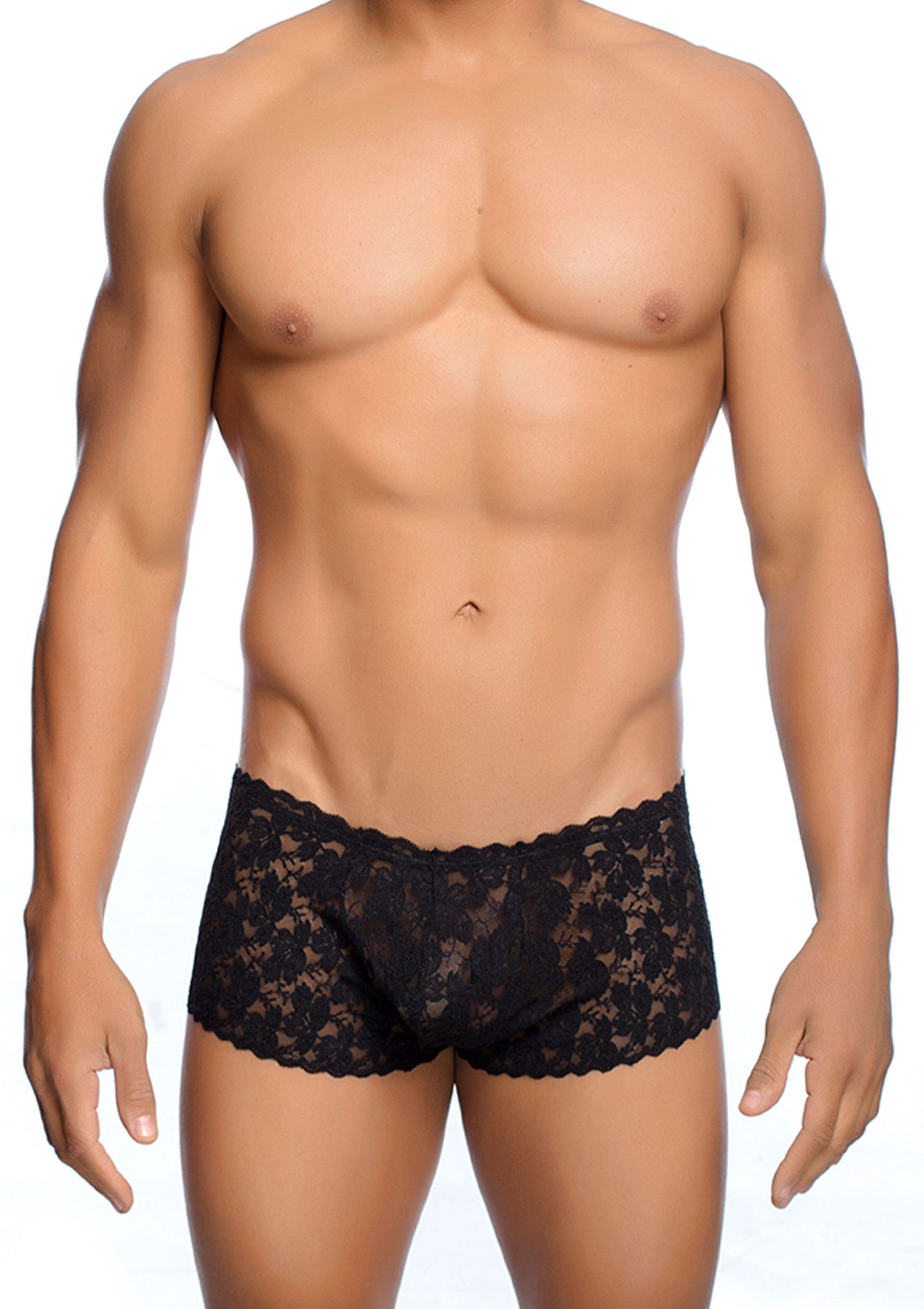 Boxer en dentelle noire pour homme, élégant et confortable. Sous-vêtements masculins sensuels.; Zwarte kanten boxershort voor heren, elegant en comfortabel. Sensueel herenondergoed.; Black lace boxer briefs for men, elegant and comfortable. Sensual men's underwear.