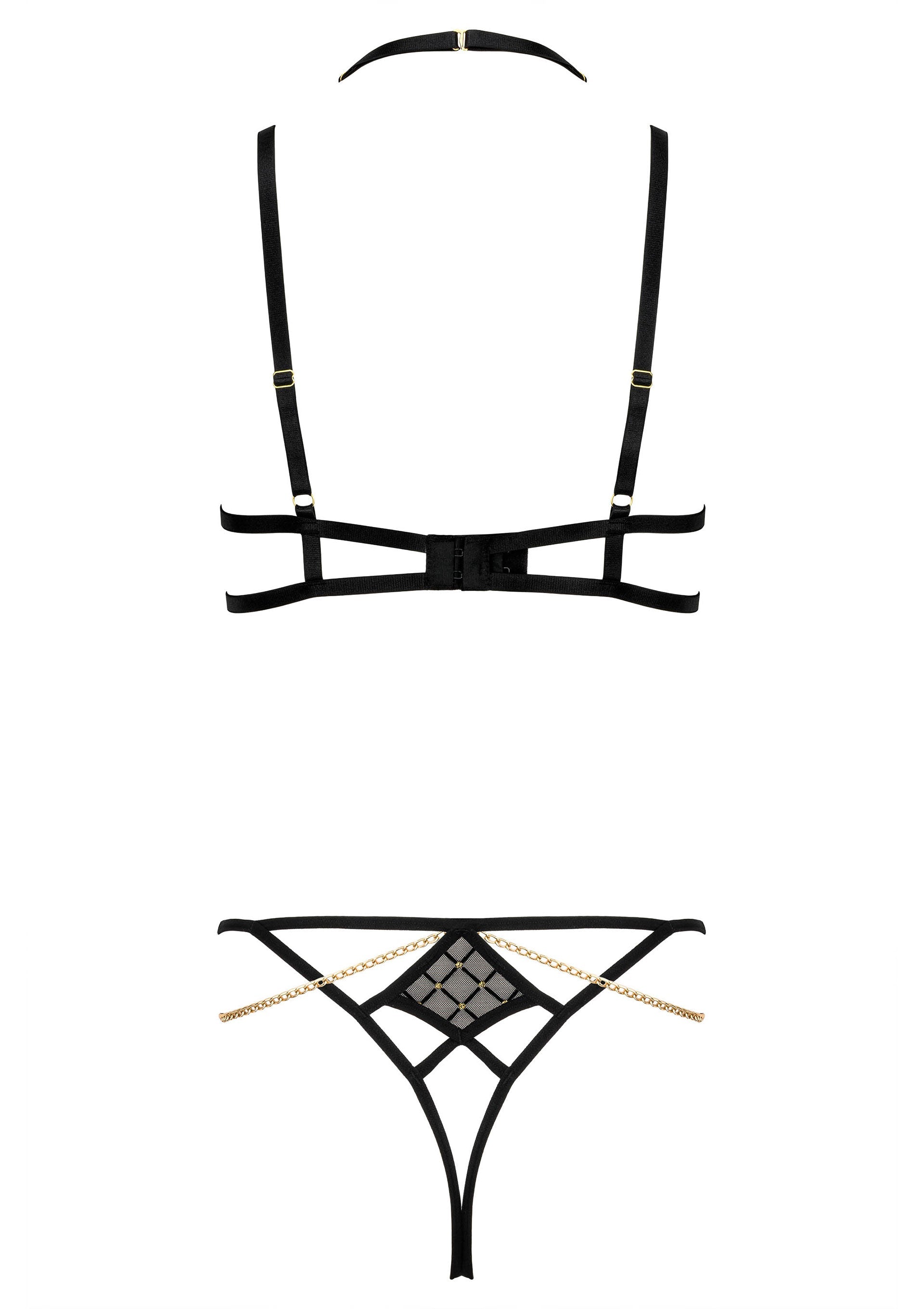 Ensemble de lingerie noir avec chaînes dorées pour une touche luxueuse et élégante.; Zwarte lingerie set met gouden kettingen voor een luxe en elegante touch.; Black lingerie set with gold chains for a luxurious and elegant touch.