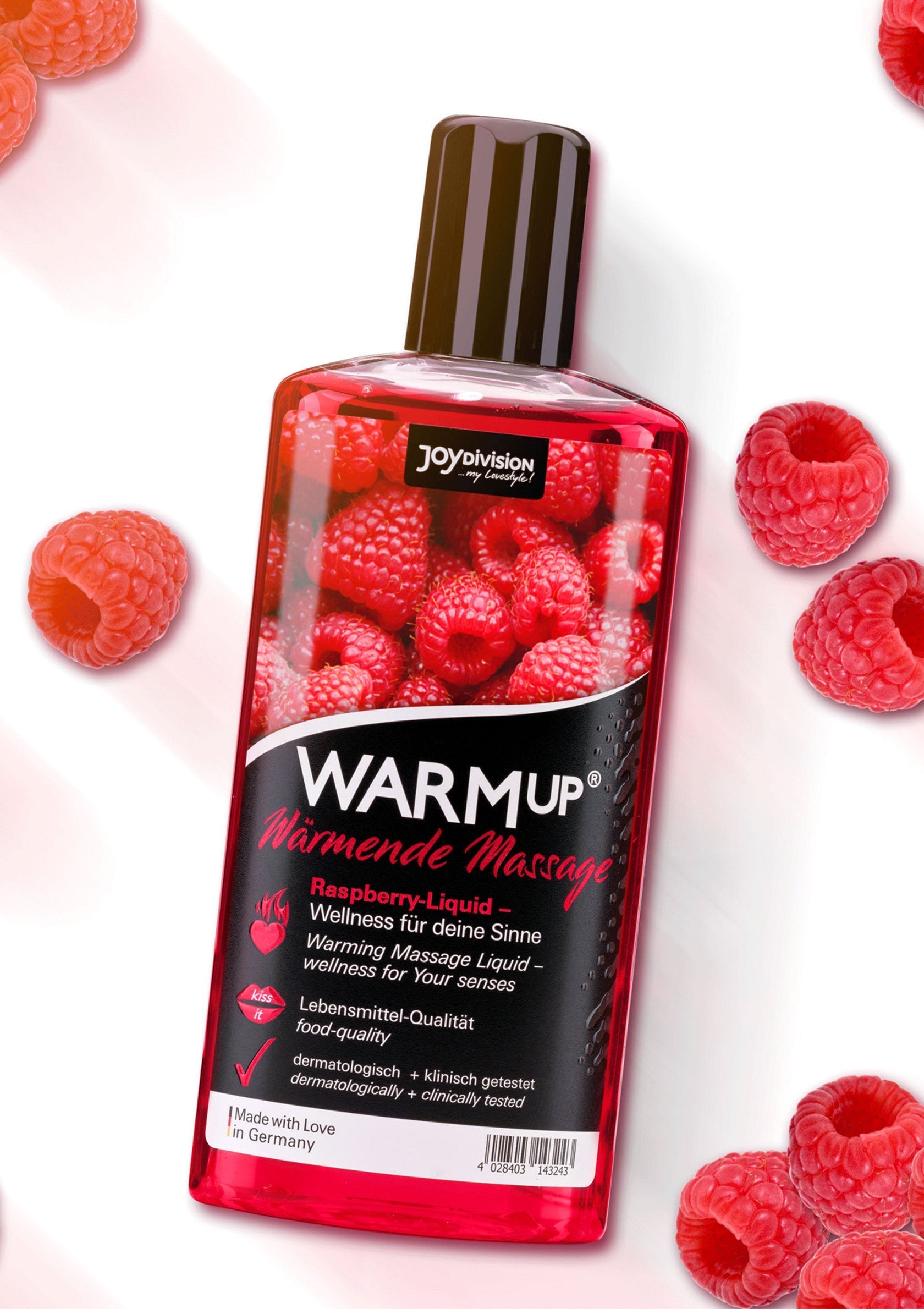 Huile de massage chauffante à la framboise JoyDivision WarmUp. Détente et plaisir garantis !; JoyDivision WarmUp frambozenmassageolie. Ontspanning en plezier gegarandeerd!; JoyDivision WarmUp raspberry massage oil. Relaxation and pleasure guaranteed!