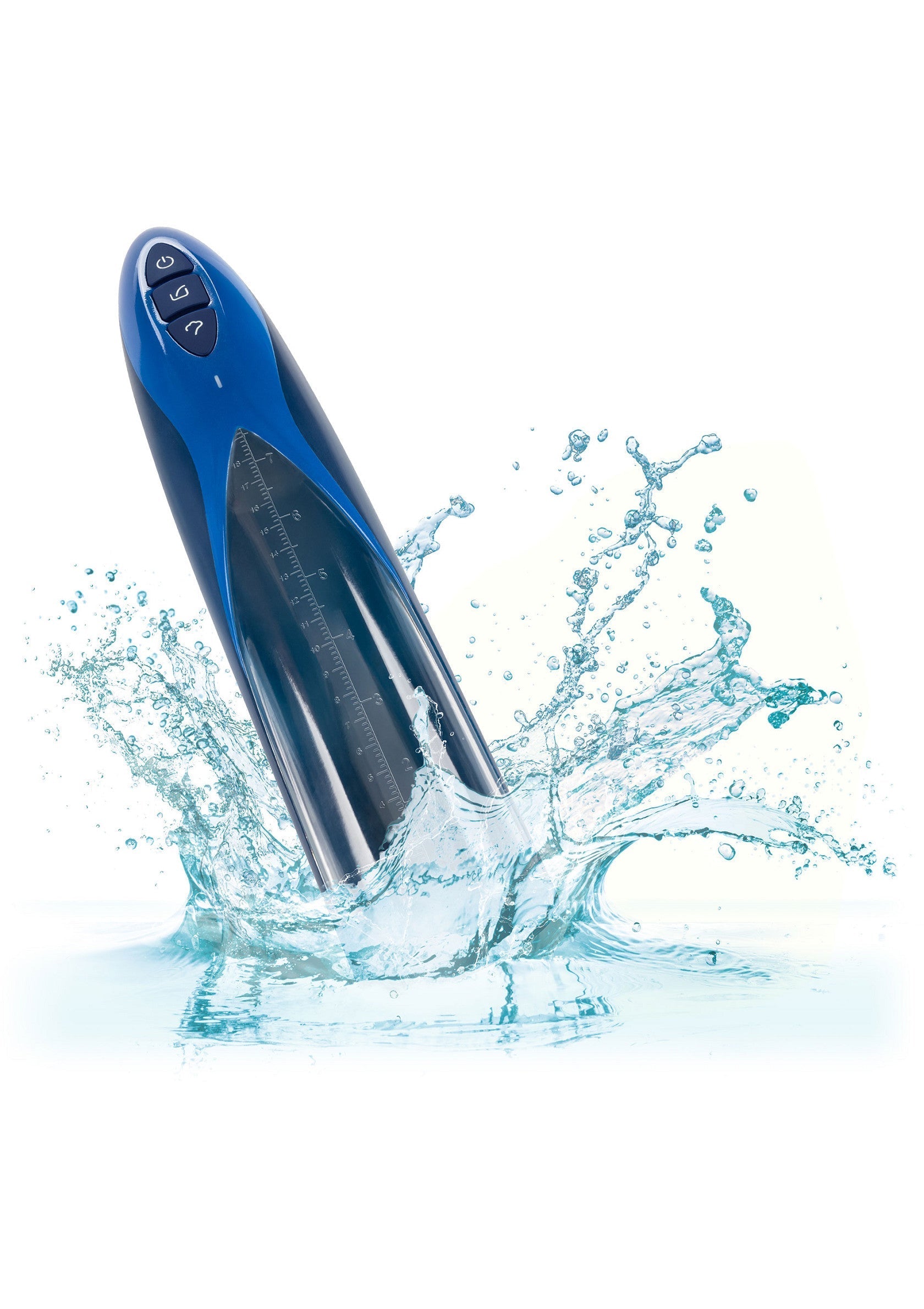 Vibromasseur étanche bleu avec des éclaboussures d'eau. Le plaisir sans limites, même dans le bain!; Waterdichte blauwe vibrator met waterspetters. Onbeperkt plezier, zelfs in bad!; Waterproof blue vibrator with water splashes. Unleash the fun, even in the bath!