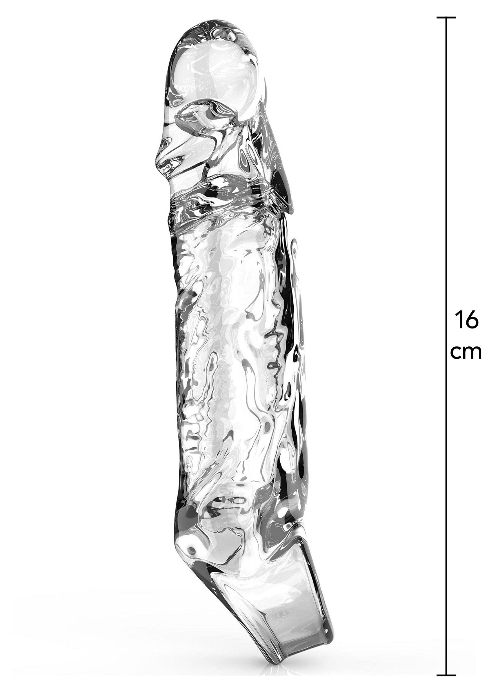 Gode en verre transparent sculpté de 16 cm pour une expérience unique et intense.; 16 cm doorzichtige glazen dildo met unieke textuur voor intense stimulatie.; 16 cm clear glass dildo featuring a unique sculpted design for intense pleasure.